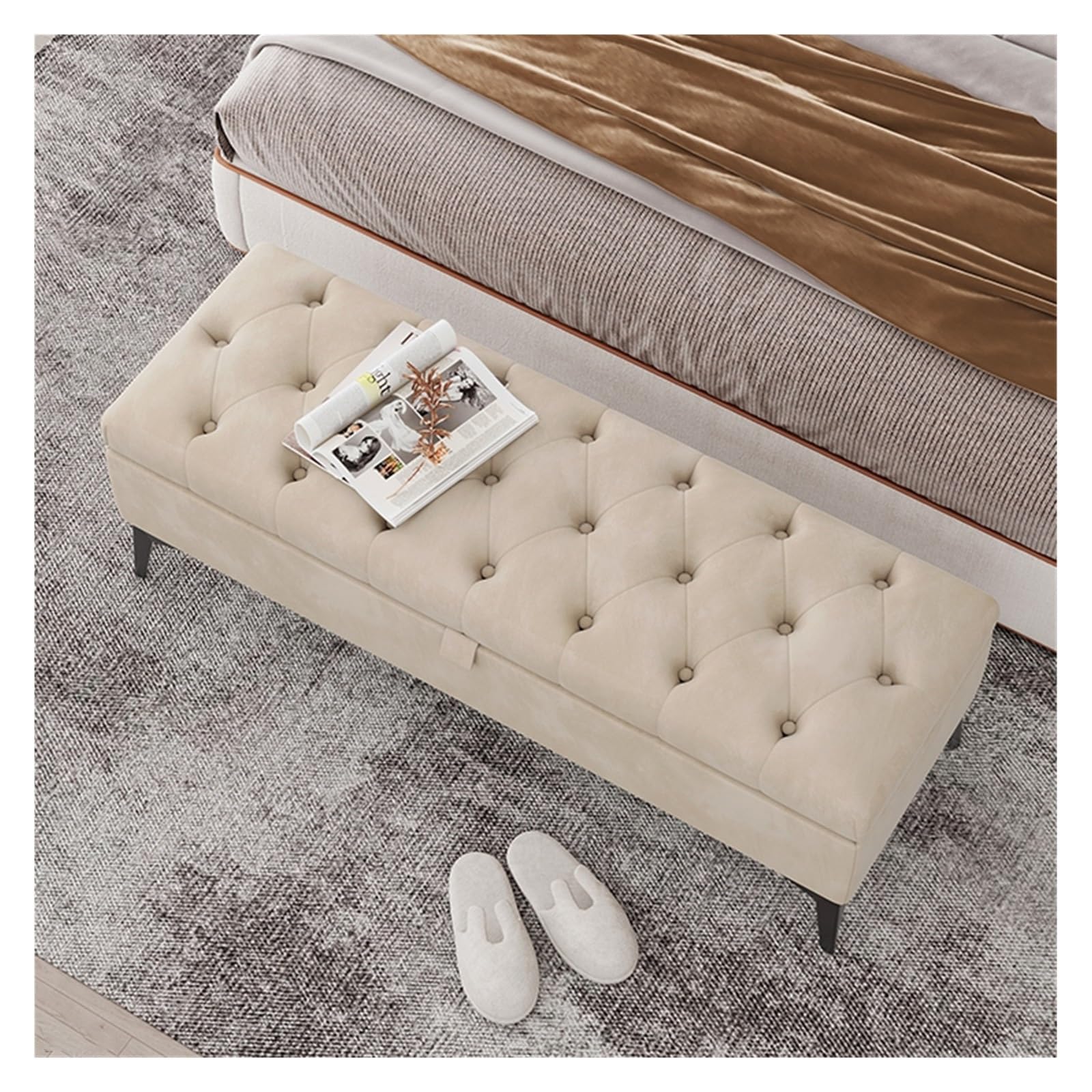 LMMIAOZ Velvet Upholstered Storage Bench for Bedroom Modern Entryway Bench with Tufted Design and Footrest Stool Khaki 100 * 40 * 43cm