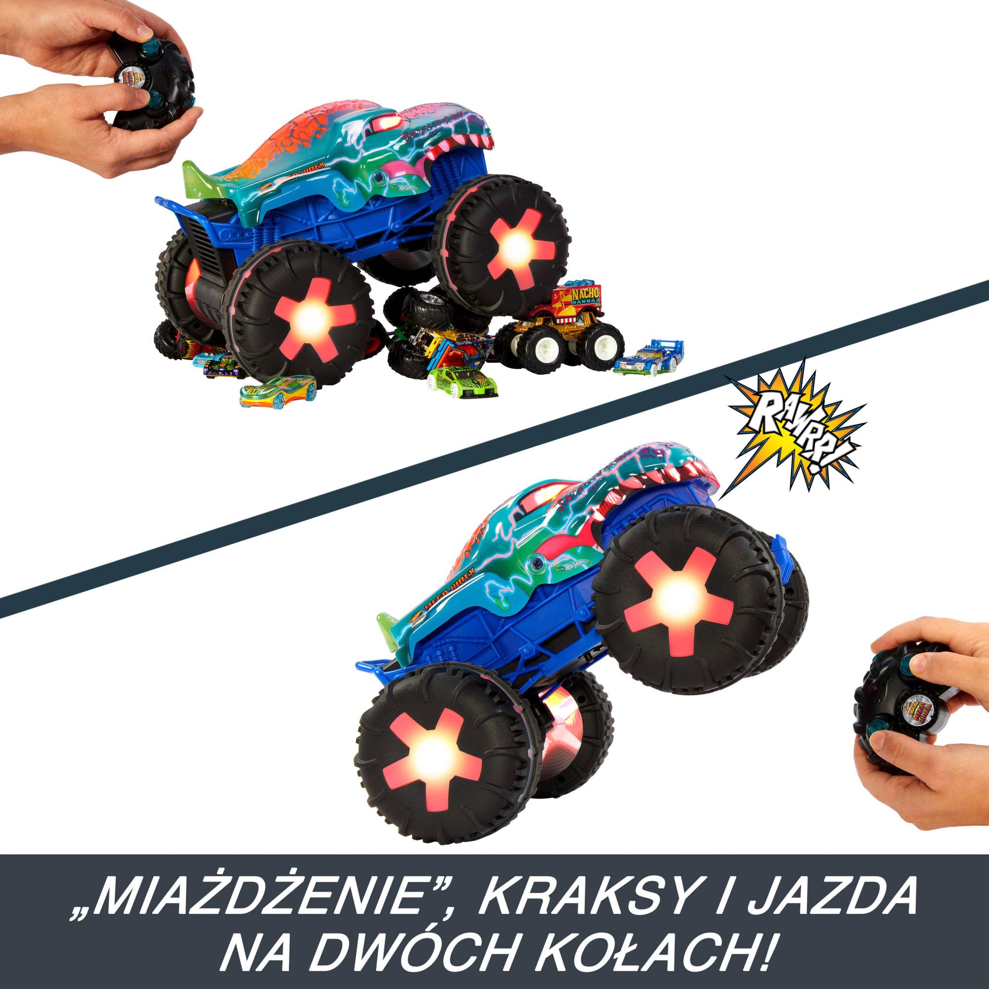 Hot Wheels RC Monster Trucks Mega-Wrex Alive Światła i dźwięki Zdalnie sterowany pojazd w skali 1:15 z 3 trybami zabawy, interaktywnymi światłami i dźwiękami, JBD90