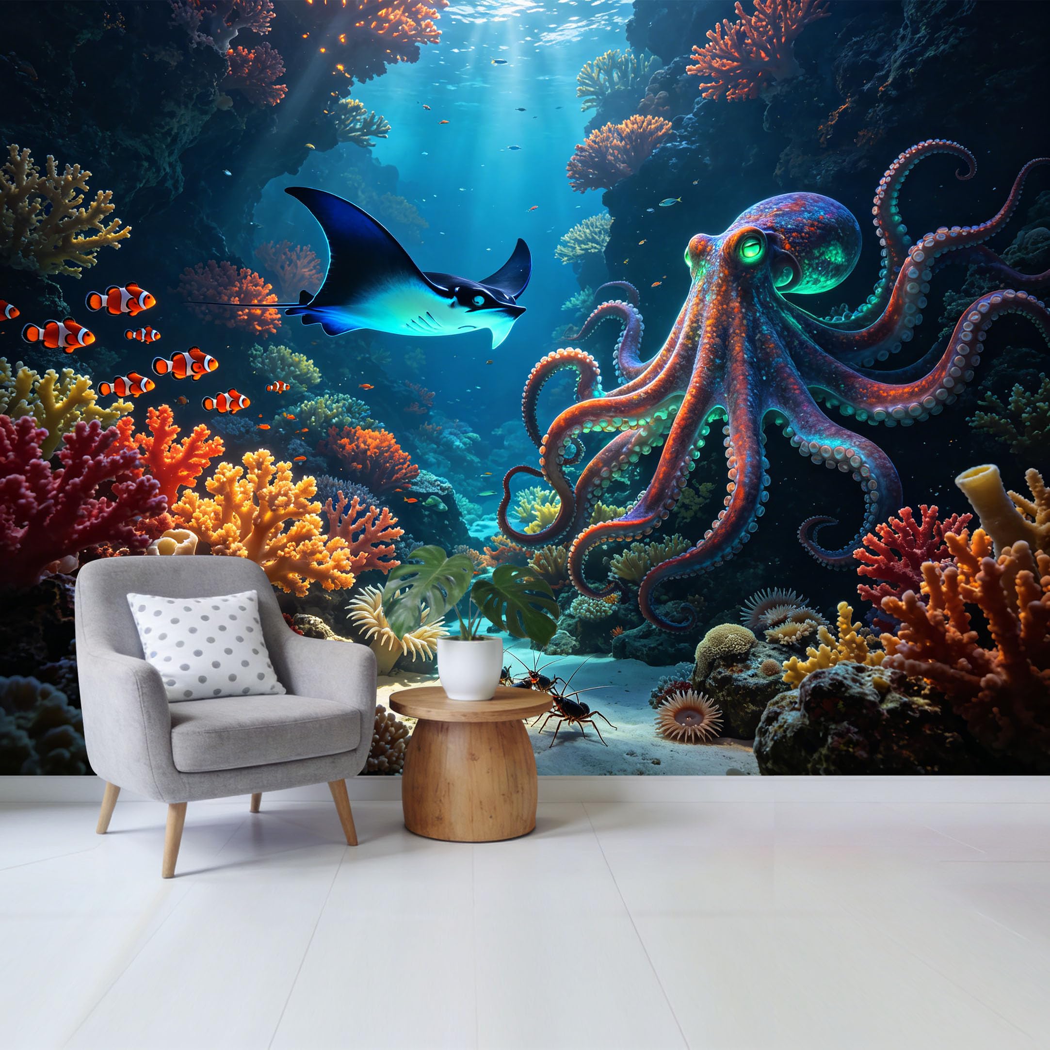 Custom Size Wall Mural Vibrant Ocean Coral Reef Octopus Manta Ray Clownfish Marine Underwater Scene Removable Self Adhesive Fabric Home Wall Decor for Living Room Bedroom Bathroom