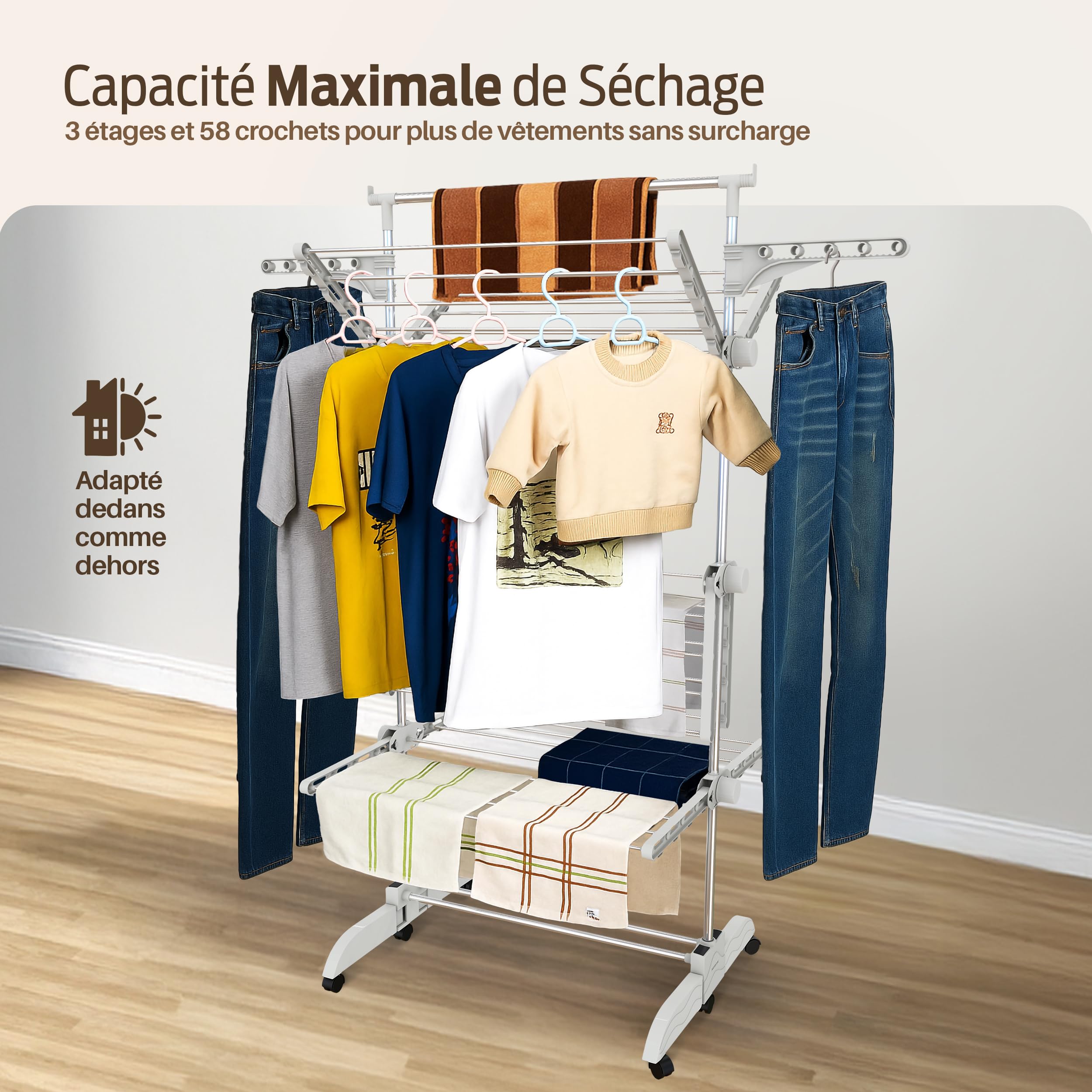 PORTENTUM Etendoir Linge Interieur et Exterieur Pliable 14 cm – 5 Niveaux et 58 Crochets pour cintres – Jusqu’à 40 kg – Séche 24 Barres INOX – Intérieur et extérieur – roulettes pivotantes avec Frein