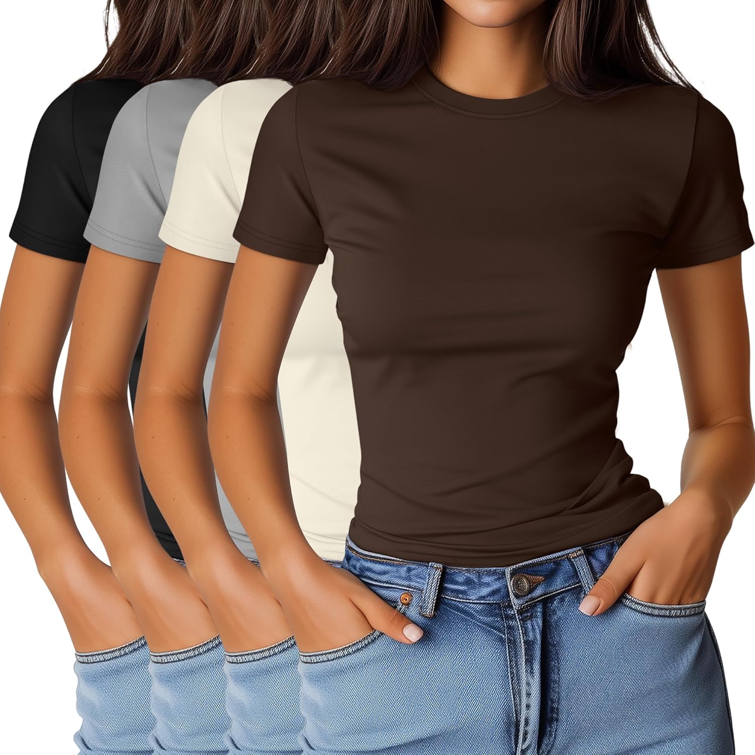 Ficerd 4 Pack Women's Basic Short Sleeve Shirts Slim Fitted Crew Neck Tees Casual Cotton Blend Summer Tops