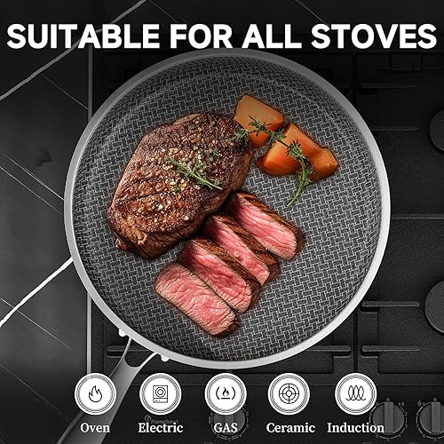 Miniatura 3 de LOLYKITCH Sartén antiadherente de 12 pulgadas con tapa, revestimiento de cerámica, acero inoxidable de tres capas, compatible con inducción, sin