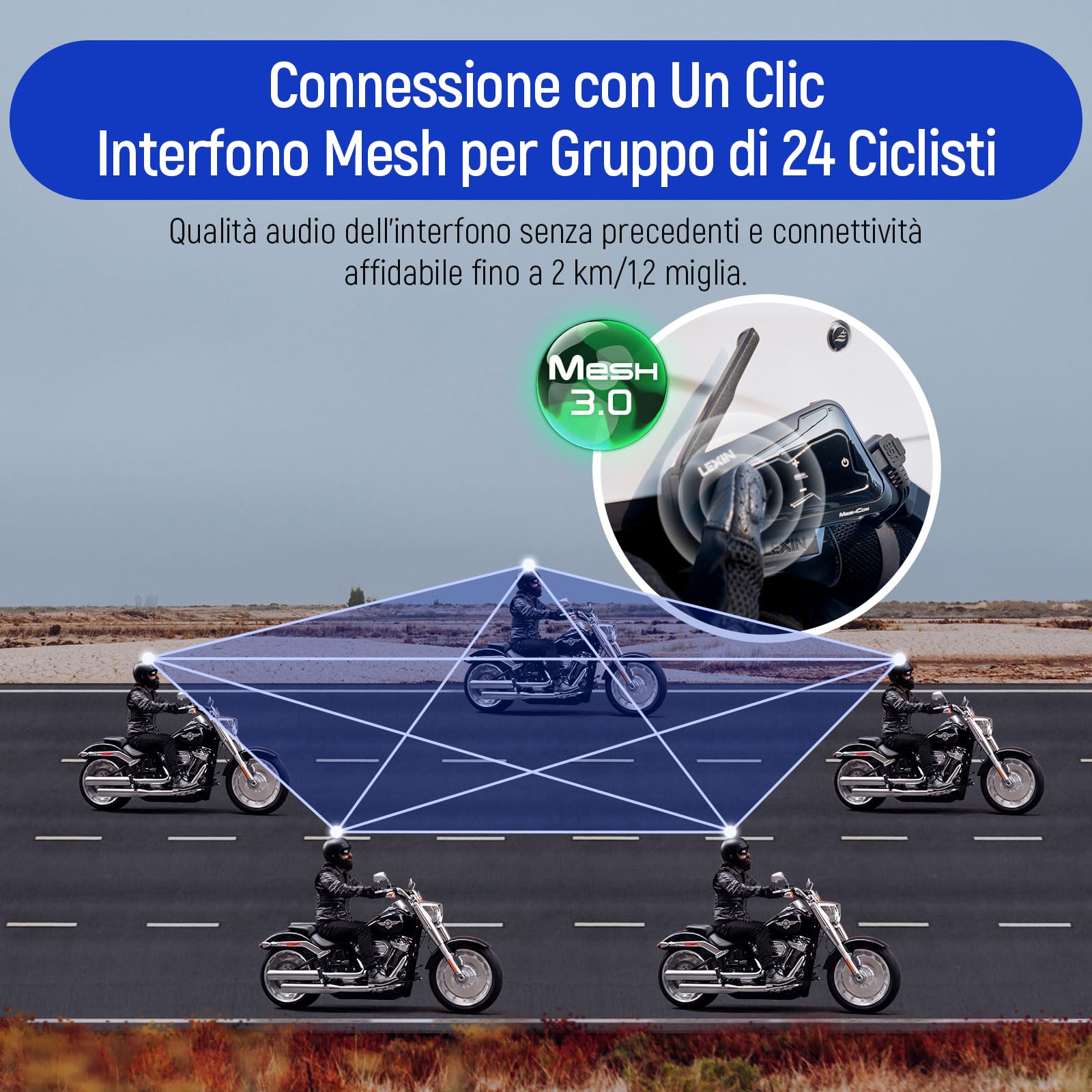LEXIN MeshCom Interfono Moto - Bluetooth 5.0 Interfono per Casco con Condivisione Musica, Multitasking Audio, IP67,Mesh 3.0 Sistema di Comunicazione per 24 Motociclisti, Batteria da 1100mAh, Doppio