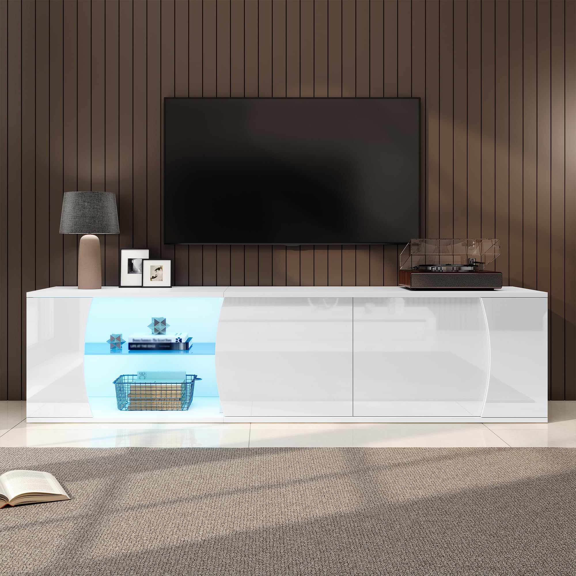 BTM 180x40x45cm TV-Schrank, lowboard Mit 3 Schranktüren, Schrank aus gehärtetem Glas,Hochwertiger Entertainment-TV-Schrank mit LEDs,Stand-TV-Ständer, geeignet für 80-Zoll-Fernseher