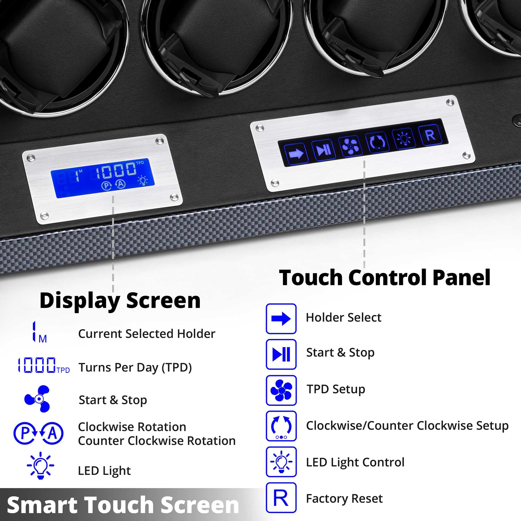 Uhrenbeweger für 8 Automatikuhren, abschließbare Wickler mit verstellbaren [Upgraded] Uhrenkissen, LCD-Touchscreen-Display und integrierter Beleuchtung