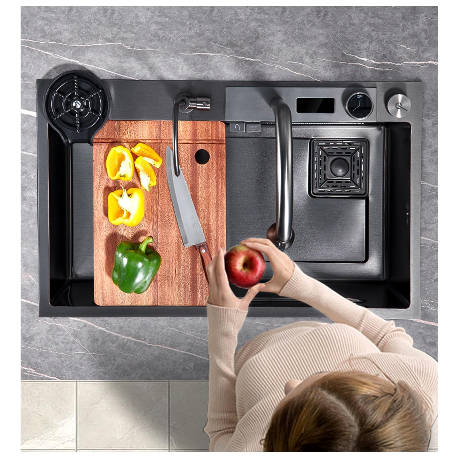 ZQFHSX Black Grey Waterfall Kitchen Sink, 304 Stainless Steel Nano Bar With Digital Display, Pull-Out Faucet And Drain Accessories, Single Bowl Workstation Farmhouse Sink (Size : 68x46x22cm)