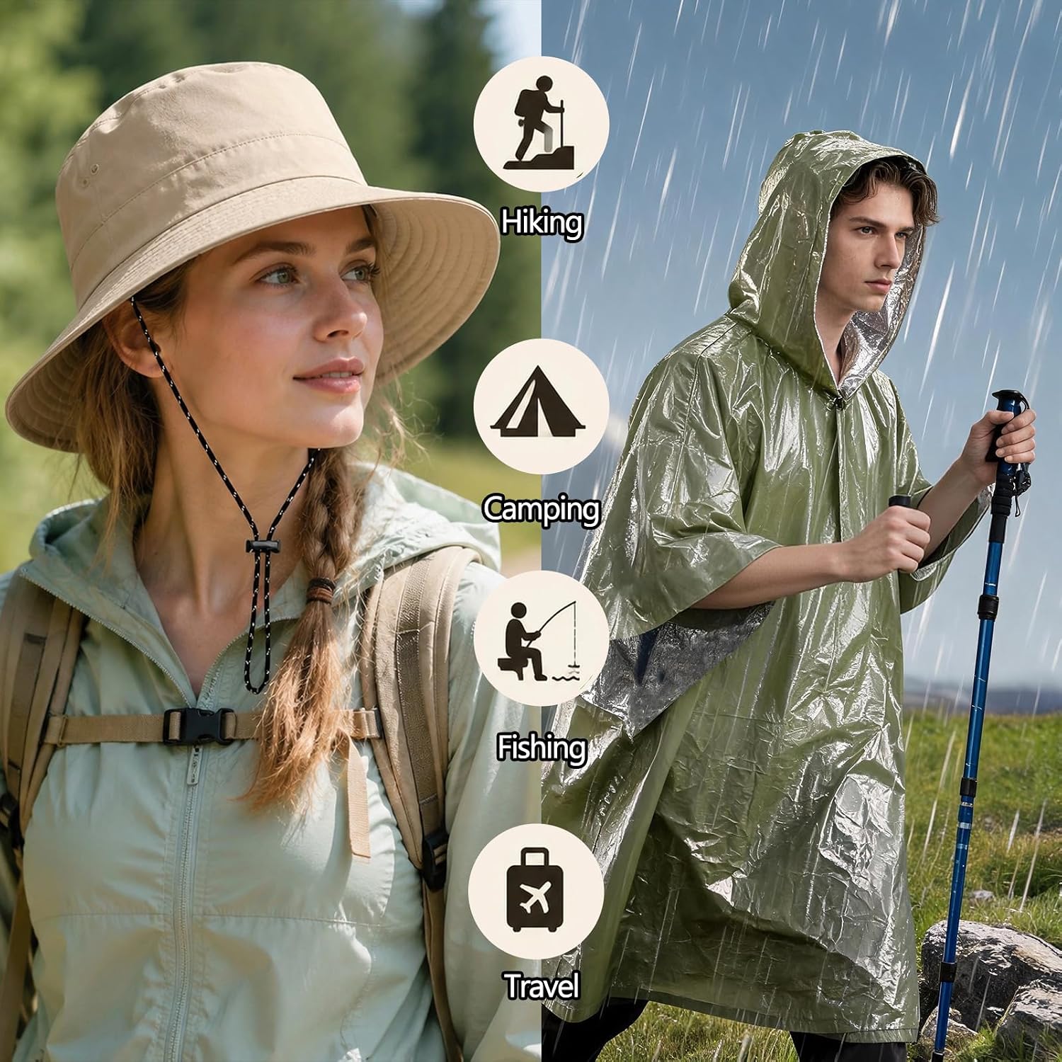 Waterproof Foldable Bucket Hat with Adjustable Chin Strap, Pink, Sun Protection, Includes Hooded Rain Poncho with Rain Poncho