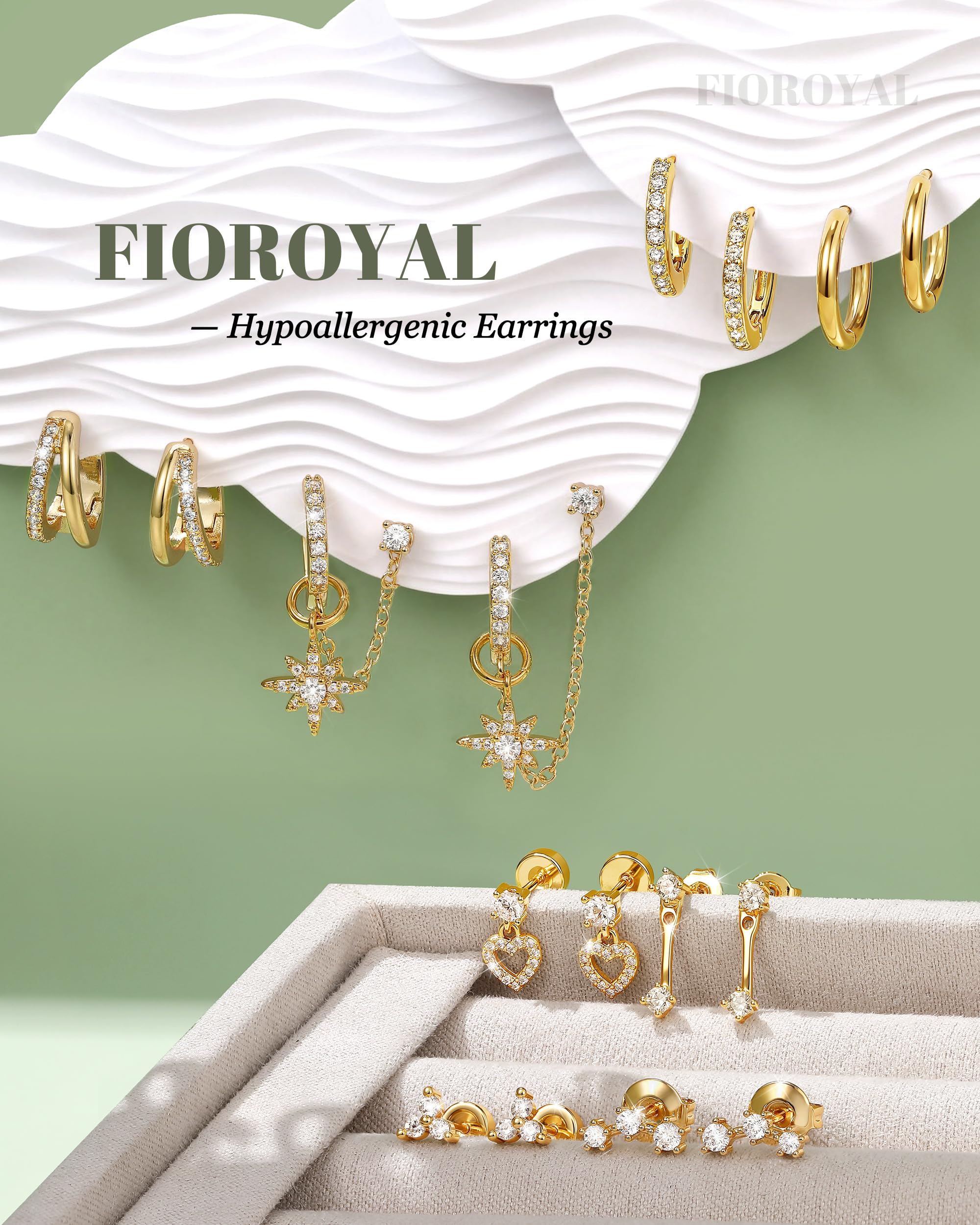 FIOROYAL Zestaw 8 par złotych kolczyków damskich, medyczne kolczyki na sztyfcie ze stali chirurgicznej, hipoalergiczne kolczyki kreole z wisiorkiem, łańcuszek, małe kolczyki typu flatback, Conch Helix