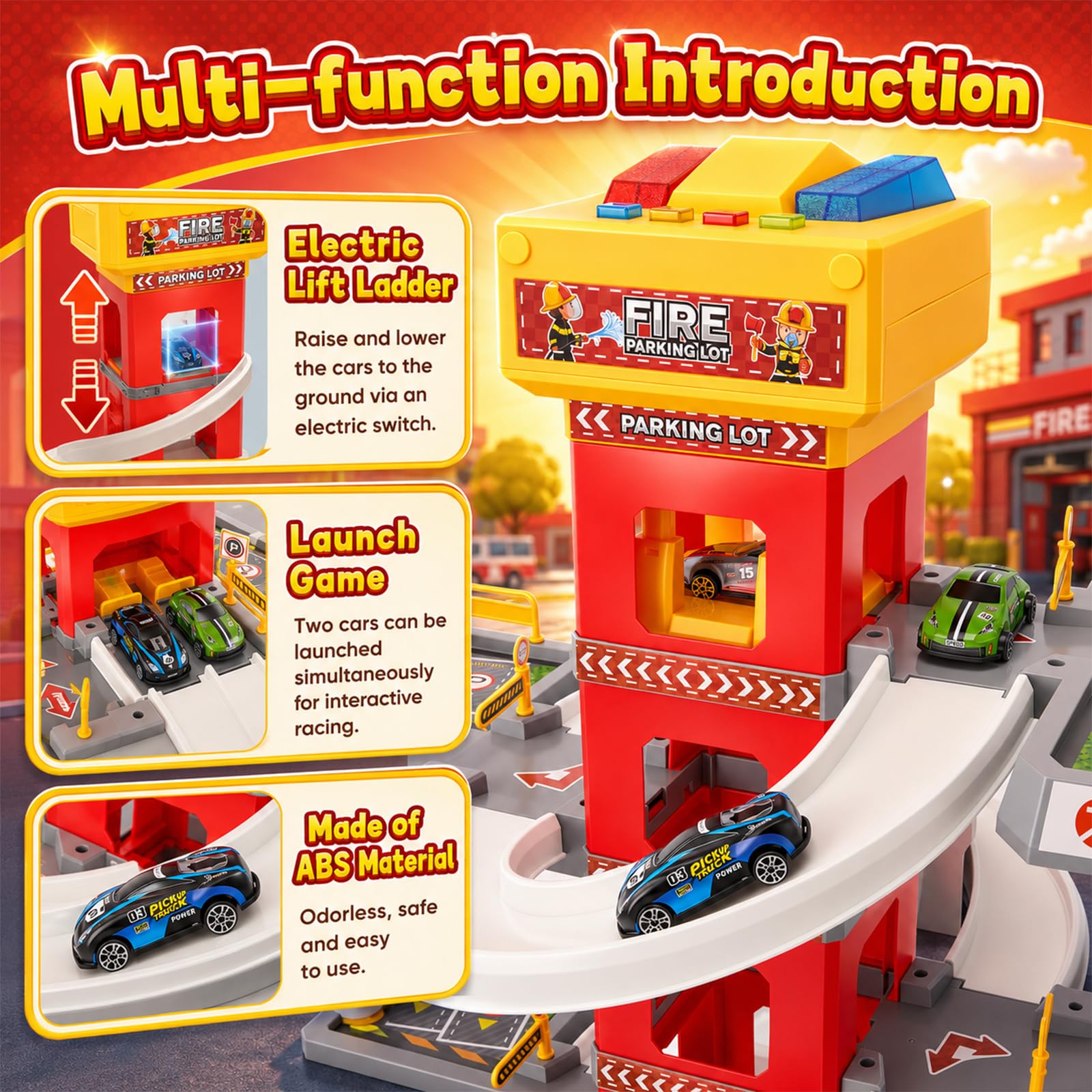 Garage parcheggio a 5 piani per bambini, camion dei pompieri con ascensore, stazione di servizio e piazza di atterraggio degli elicotteri, 10 auto in metallo, 4 auto in lega e 1 elicottero, garage