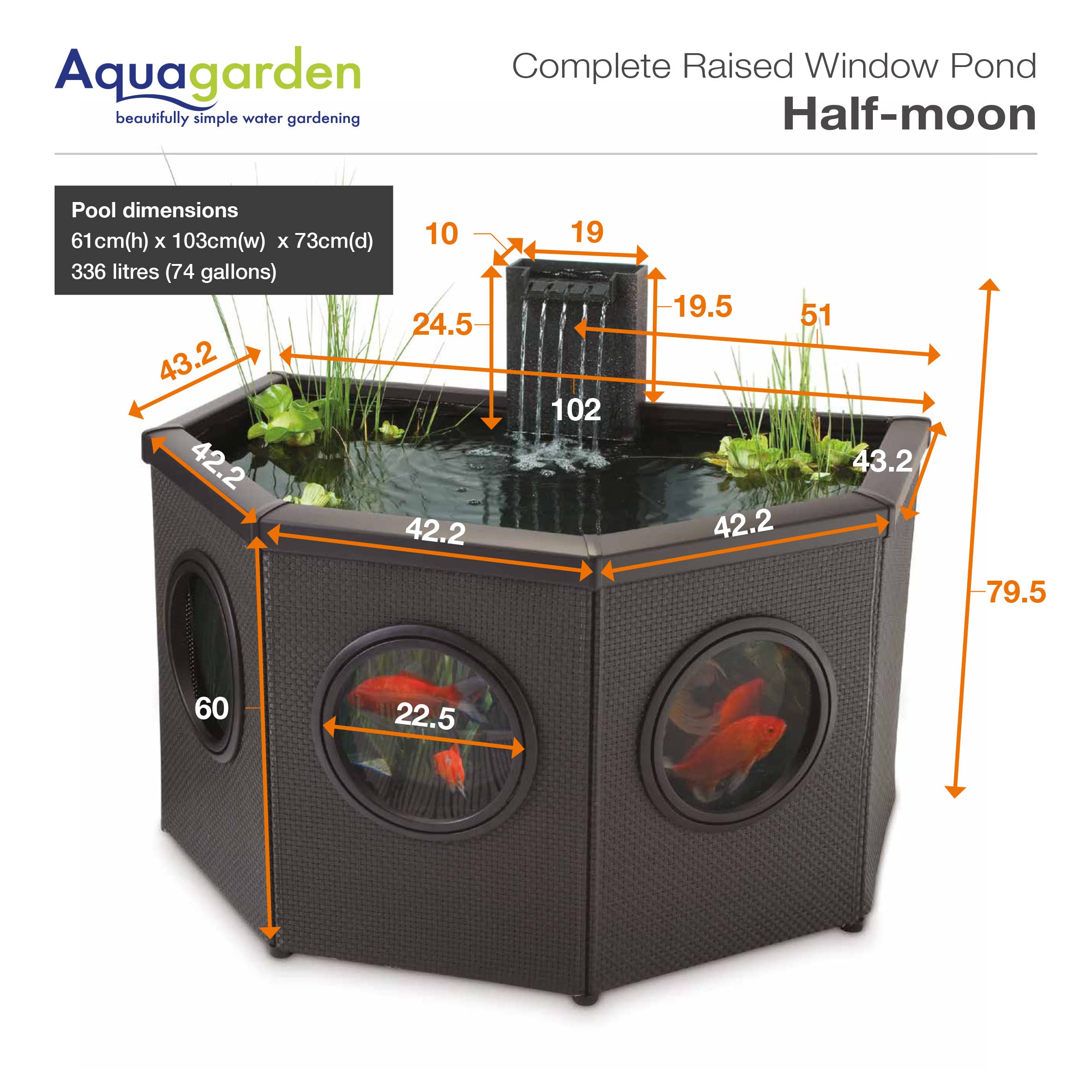 Aquagarden, Affinity, Kit Completo de Estanque Alto con Ventanas – en Forma de Media Luna, Piscina con Fuente de Agua, Incluye Bomba de Agua y Estanque Inpond 5 en 1 2000 con clarificador UV, Tres