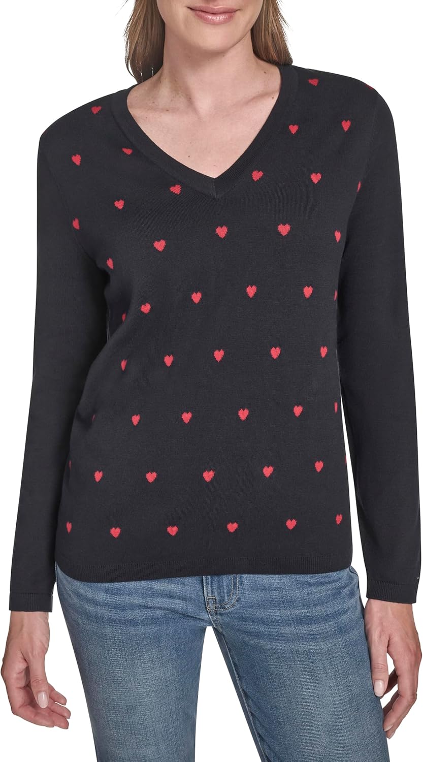 Tommy Hilfiger Womens V-Neck Long Sleeve Cotton Heart Print Sweater