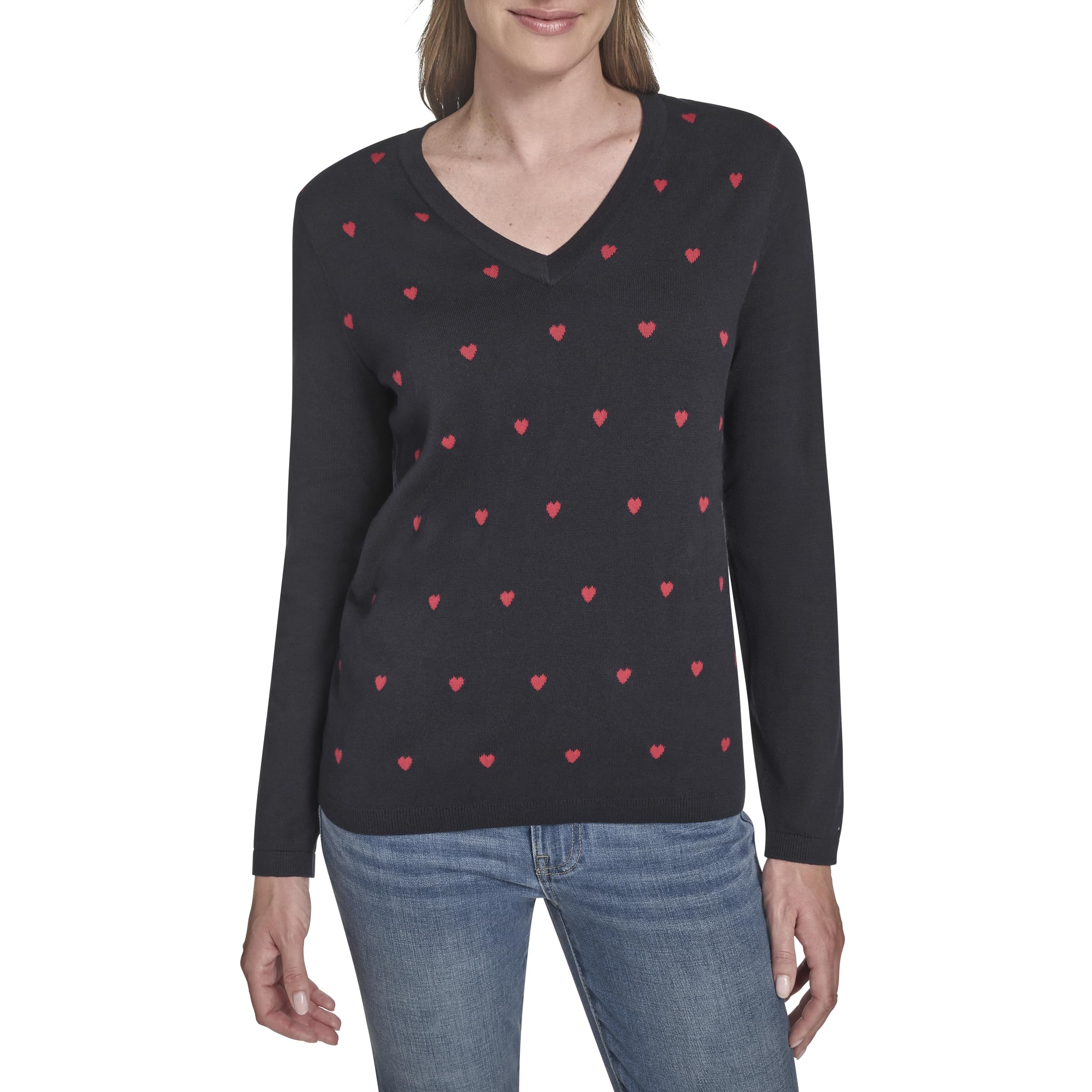 Tommy Hilfiger Womens V-Neck Long Sleeve Cotton Heart Print Sweater
