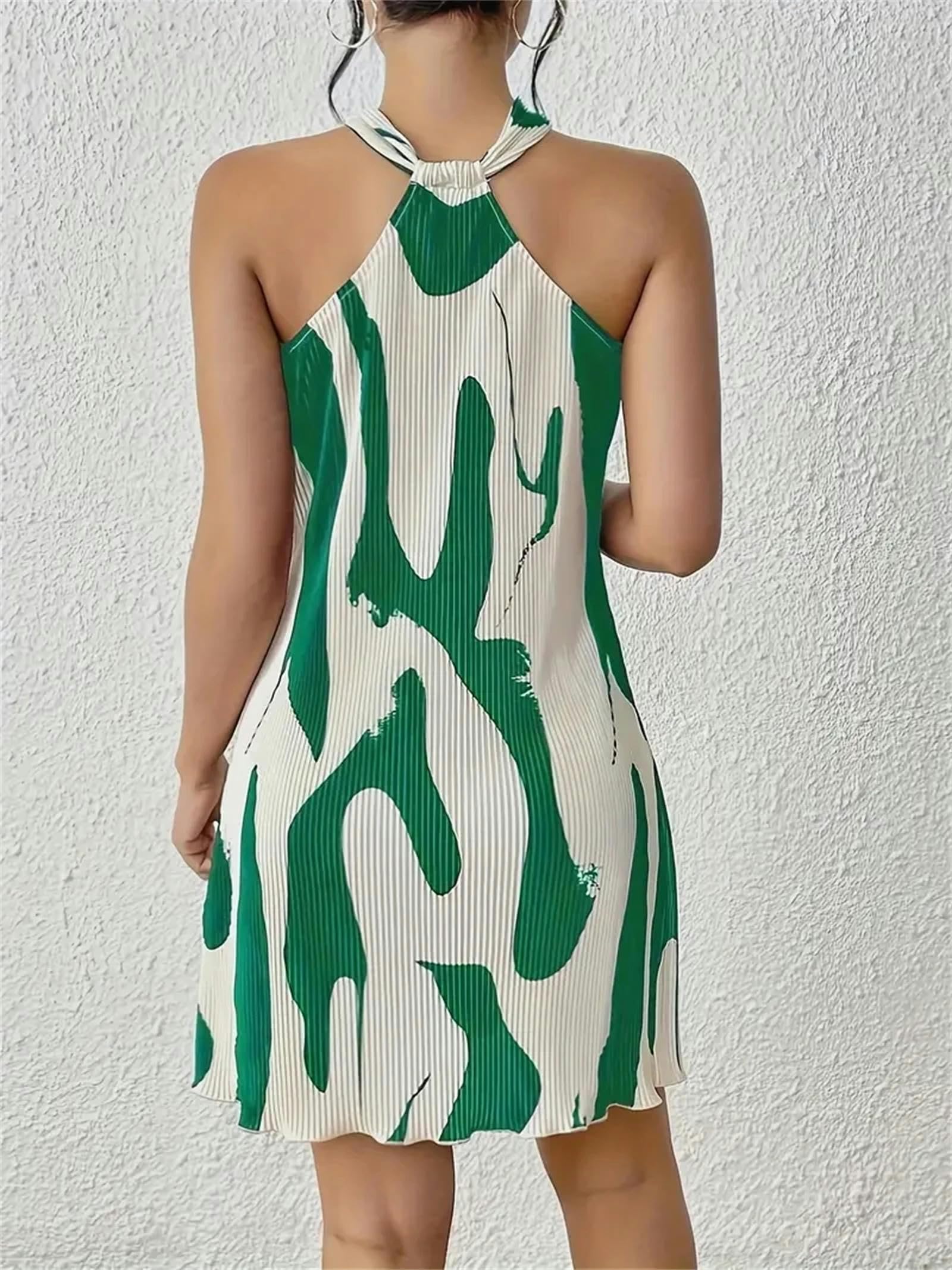 Sukienki damskie bez rękawów wiązany na szyi Vintage Print Halter sukienka na szyję damska sukienka biała i zielona-M