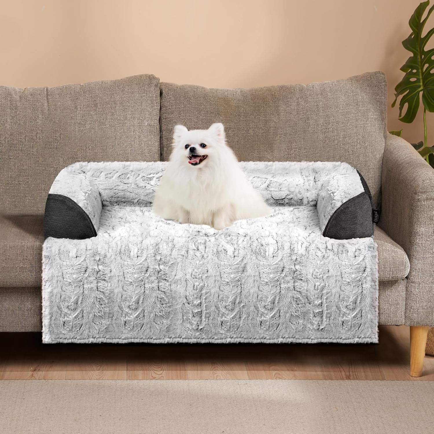 Calming Small Dog Bed for Couch, 35 x 31 inch Removable Couch Cover for Dogs Washable, Non-Slip Fluffy Plush Dog Sofa Mat for Furniture Protector - Grey Medium Grey