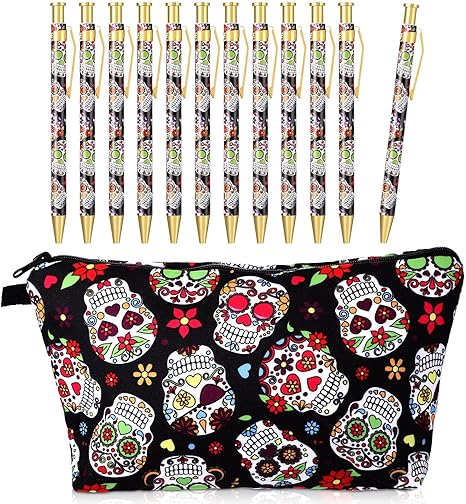 TaoBary 12 Pcs Sugar Skull Pens with Pencil Case Ballpoint Pens Retractable Click Ball Sugar Skull Gifts Pouch with Zipper Cinco De Mayo School Student Office Supplies Gift for Christmas Halloween