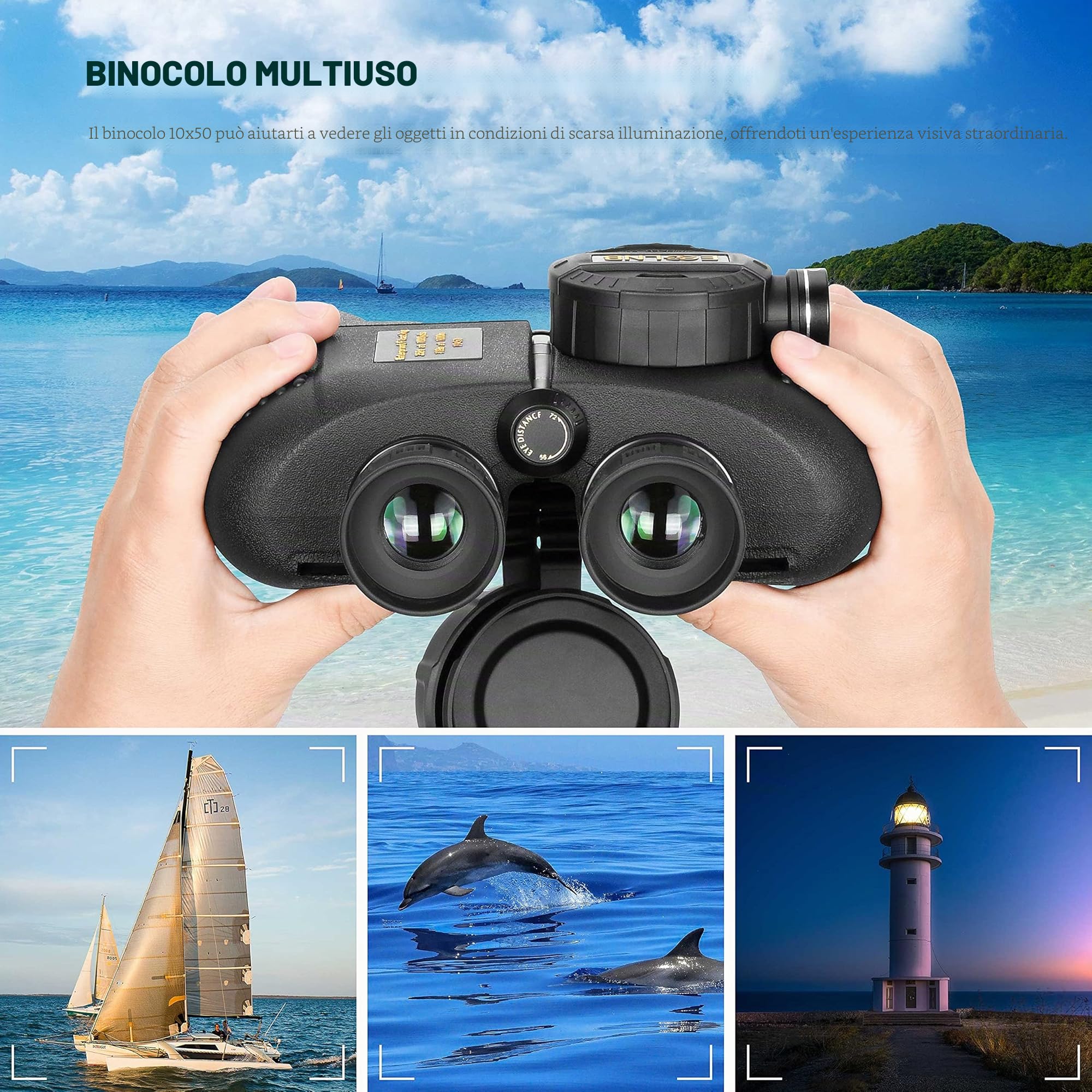 ESSLNB Binocolo Marino 10X50 Binocolo Militare con Telemetro Bussola Prisma BAK4 100% Impermeabile per Caccia Navigazione
