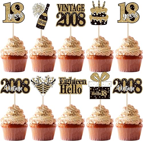 36 piezas de decoración para cupcakes de feliz cumpleaños 18 de doble cara, color negro y dorado con texto en inglés "Eighteen Hello 18", vintage,