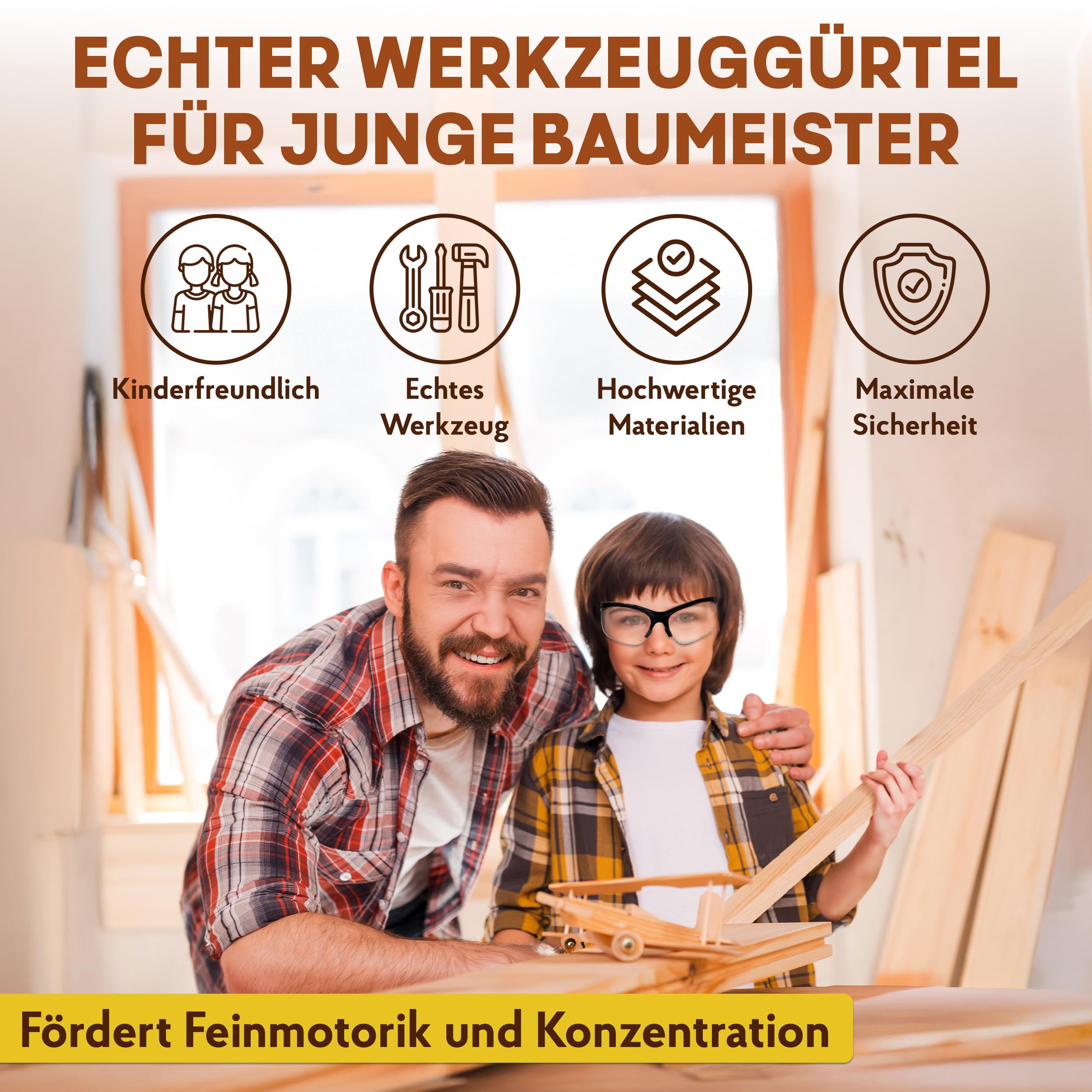 Eli® Werkzeuggürtel Kinder Set ab 6 Jahre - hochwertiges echtes Kinderwerkzeug - inkl. Hammer und Schutzbrille - Handschuhe - Multitool - Werkzeug für Baumeister - Bauarbeiter