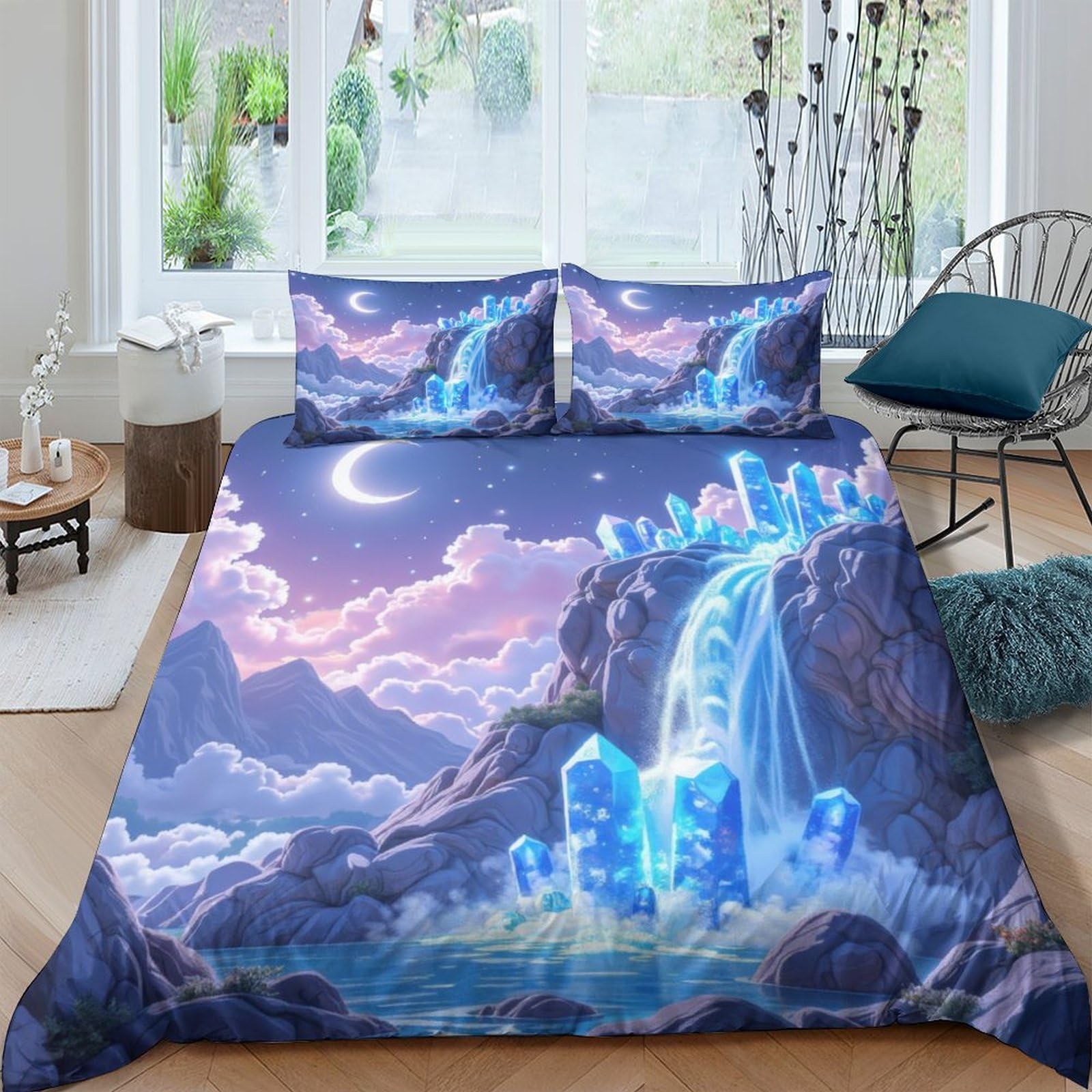 Ctjqhvkz Style-4 3D Printed Fantasy Waterfall Fitted Sheet Microfiber Blue Purple Dream Moon Mattress Cover For Bedroom Guest Room Decor Single（135X200cm）