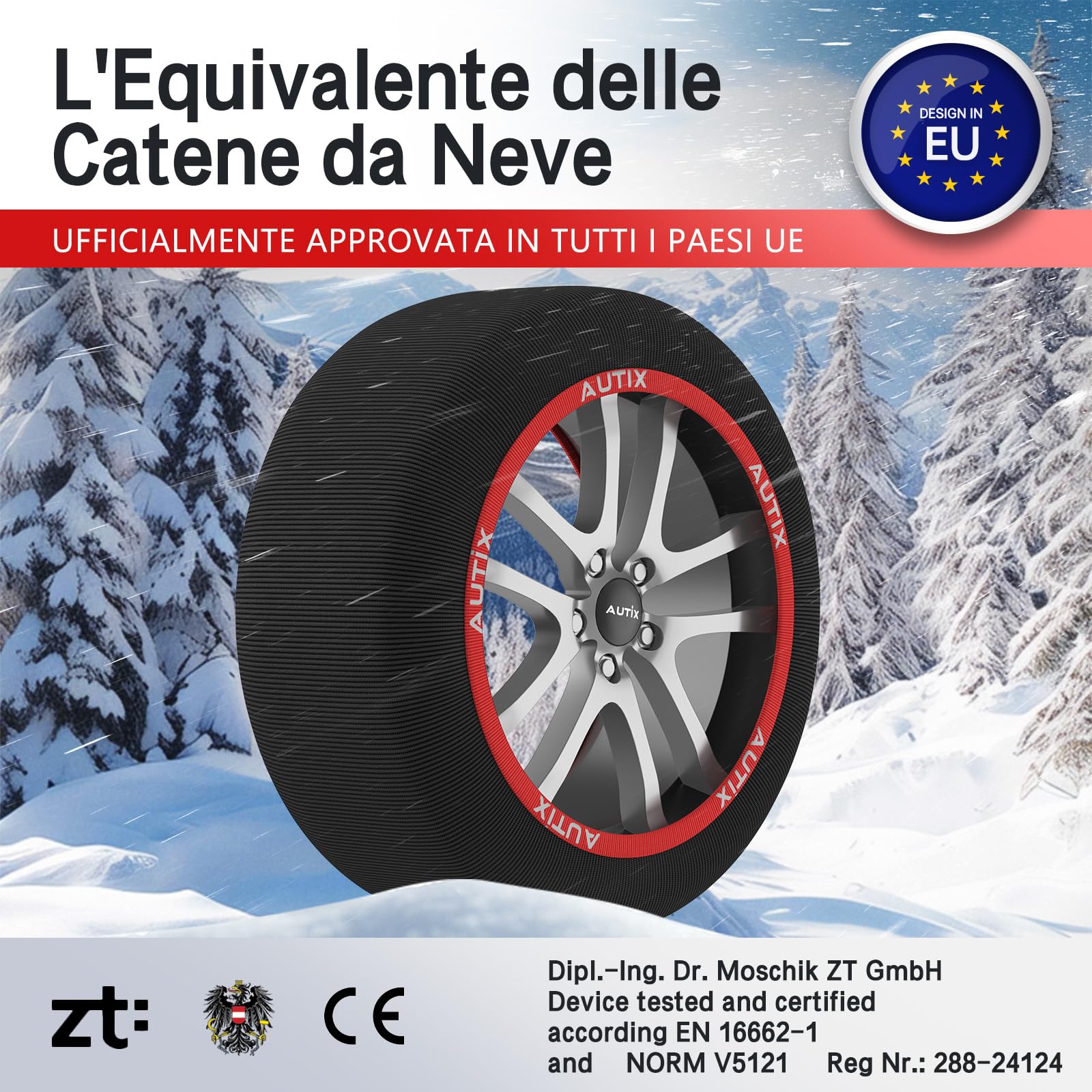 AUTIX Calze da Neve Omologate per Auto – Tessuto Rinforzato, Massima Aderenza su Ghiaccio e Neve, Omologazione Europea, Facili da Installare, Riutilizzabili(XL)