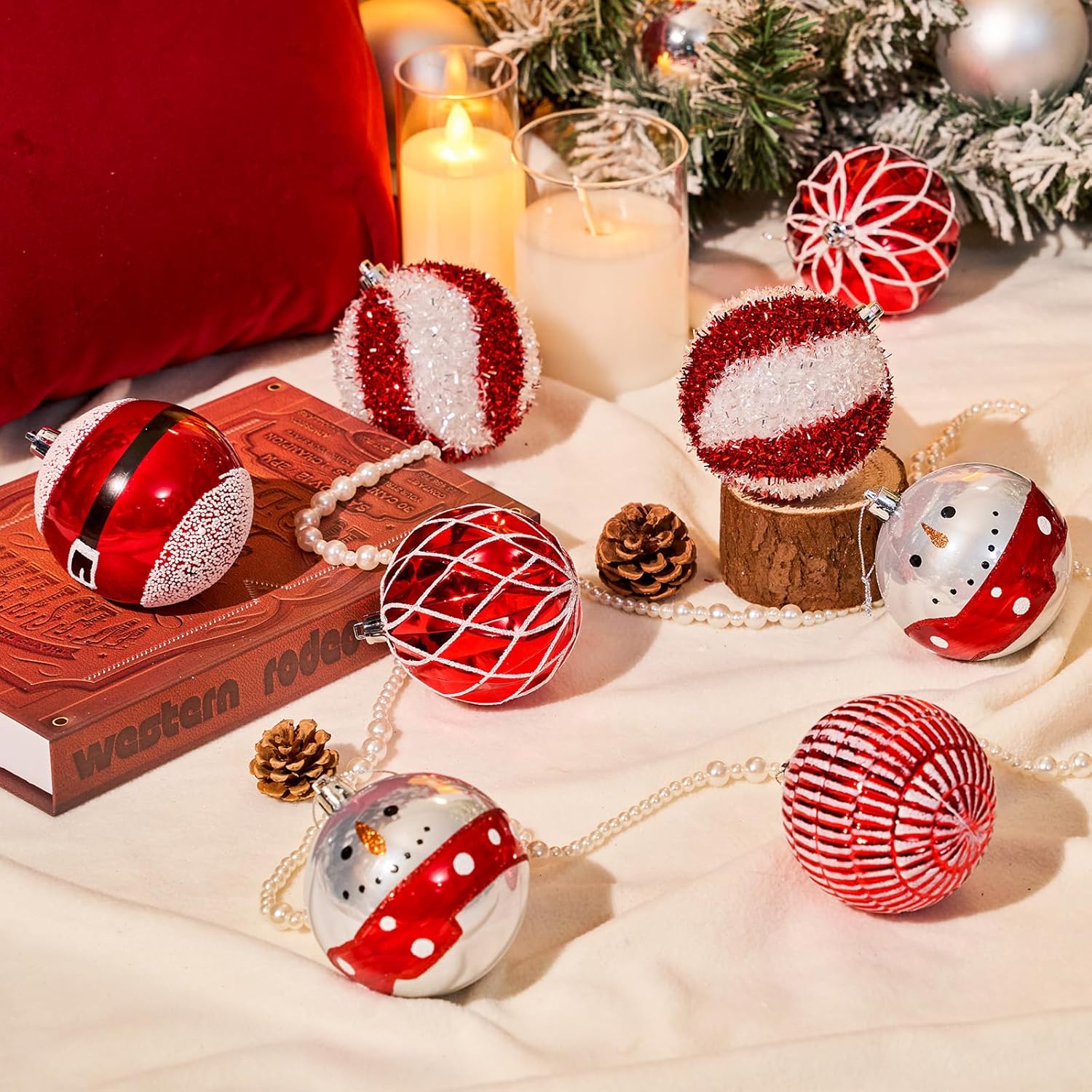 JORNOY Christmas Tree Ornaments Set of 12, 3.15inch/80MM Shatterproof Plastic Xmas Tree Ball Ornaments Bulk Decorative Hanging Baubles for Xmas Tree Decor Holiday Party Decorations, Red & White