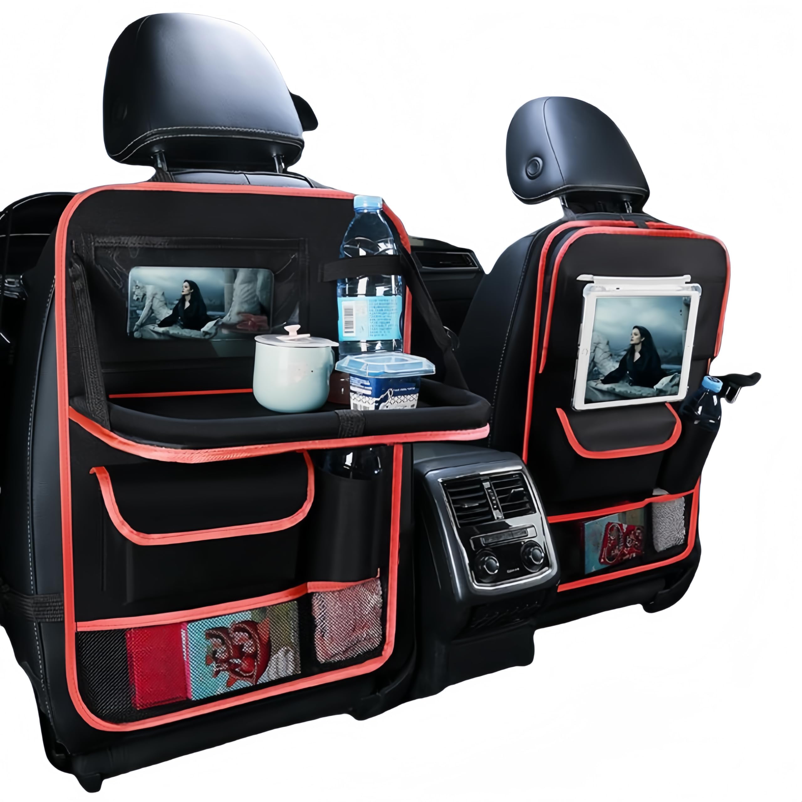 2Pezzi Organizer Auto per Buick Excelle GX/Excelle HRV/Excelle XT, Anti Kick Mat Sedili, Auto Organizzatore Impermeabile, con Multi Tasca e Tavolino Pieghevole,B-BlackRed