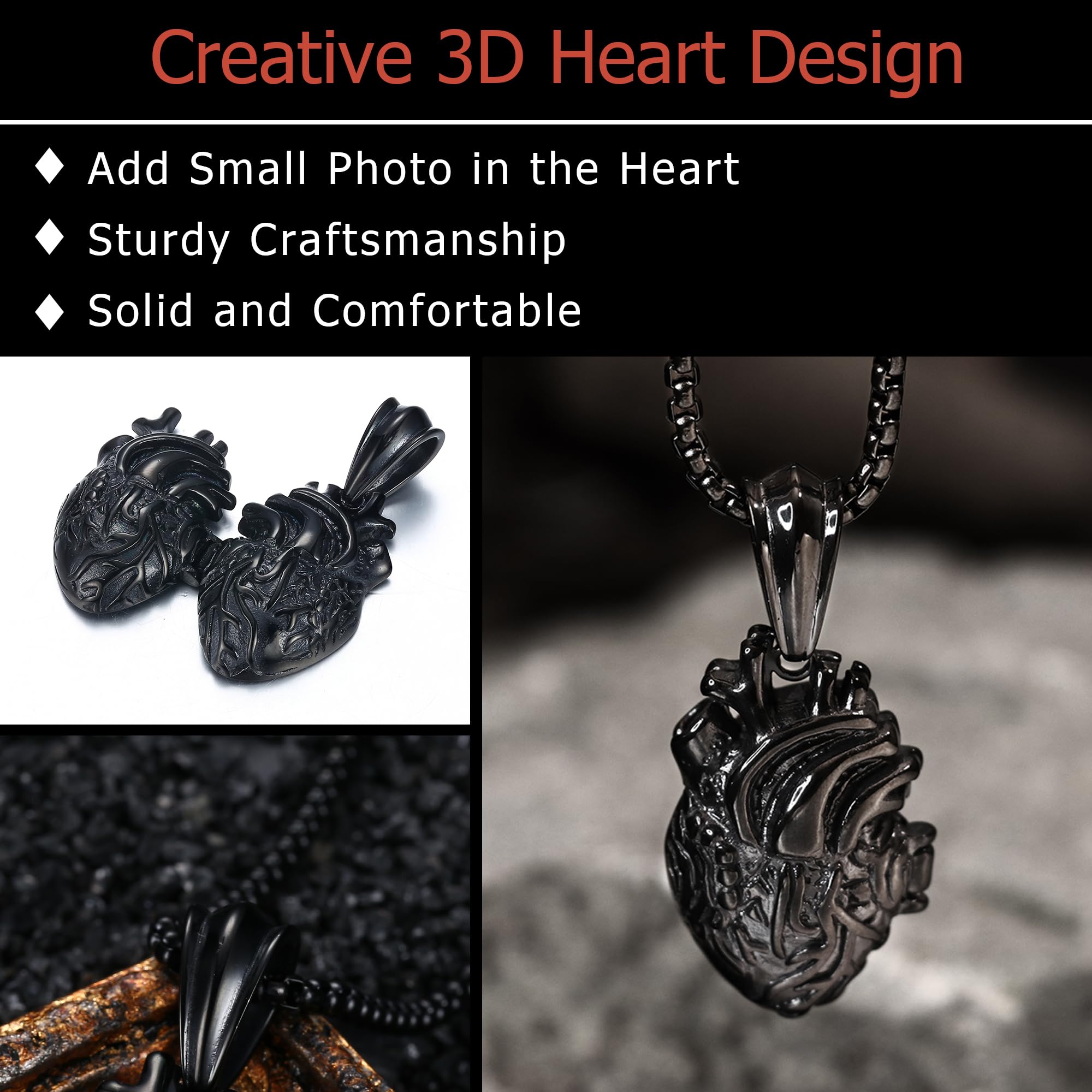 GTHIC Ciondolo a Cuore Aperto Punk in Acciaio Inossidabile per Uomo Donna Collana di Anatomia Umana di Piccole Dimensioni di Grandi Dimensioni in Argento, Nero, Oro con Catena