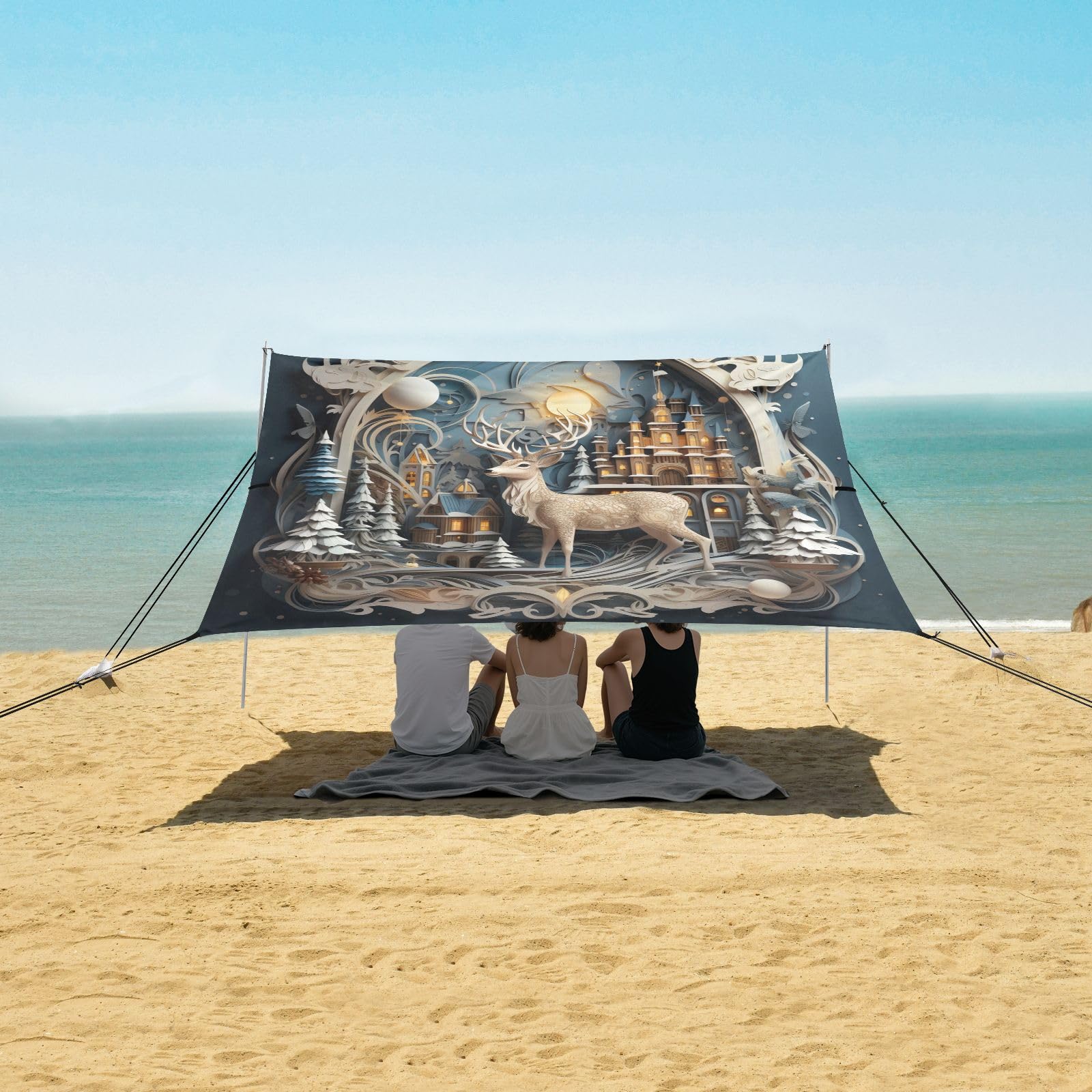 Ciervos De Arte De Navidad Tienda de Playa de FáCil Montaje,Toldo Parasol para Camping con Sacos de Arena,Palas y Estacas para Picnics Al Aire Libre