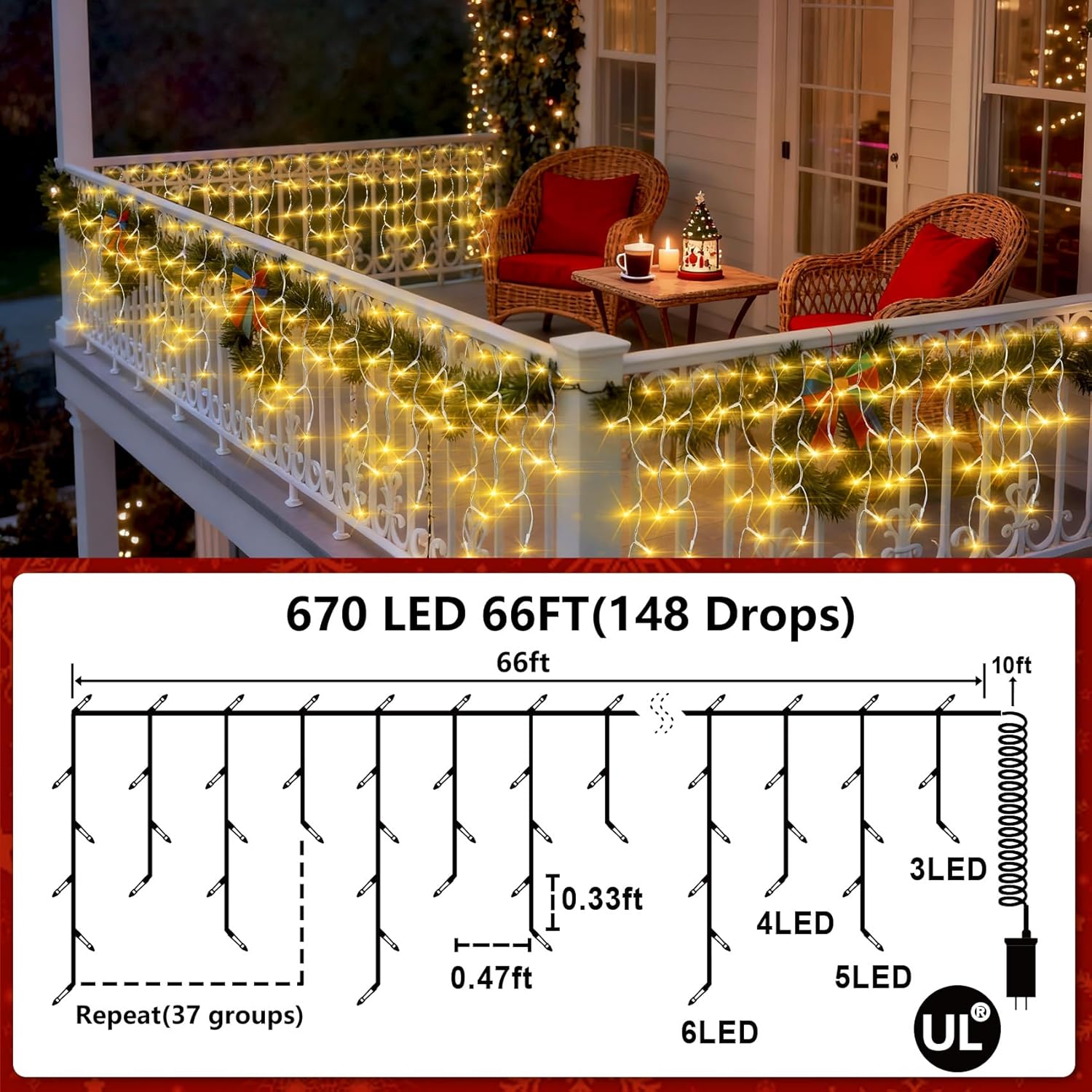 670 LED Christmas Lights Outdoor, 66ft Warm White String Lights Indoor with 148 Drops 12 Modes, Dimmable Curtain Window Lights, Waterproof Twinkle Fairy Lights with Timer for Christmas Decorations