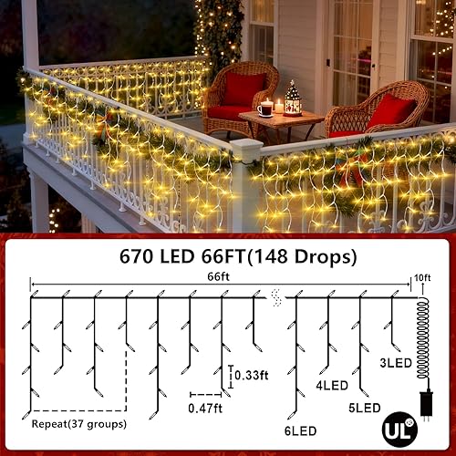 Miniatura 7 de 666 luces LED de Navidad para exteriores, tira de luces blancas cálidas de 66 pies para interiores con 148 caídas, 12 modos, luces de cortina