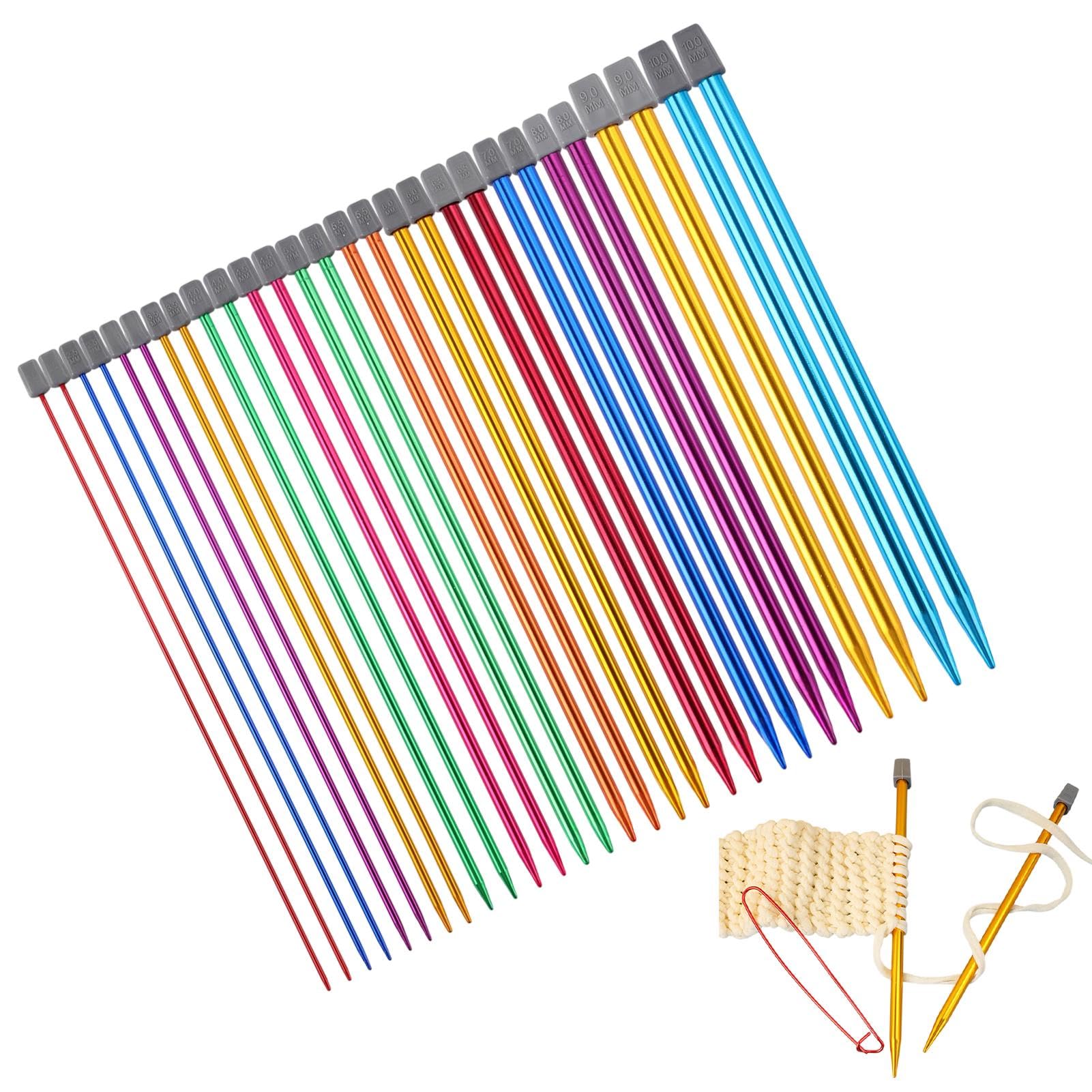 Coloured Knitting Needles Set, 25cm/9.8inch Long, 28Pcs /14 Pairs Coloured Aluminium Short Knitting Needles Set, 2mm-10mm Lightweight Straight Metal Pins for Kids Beginners