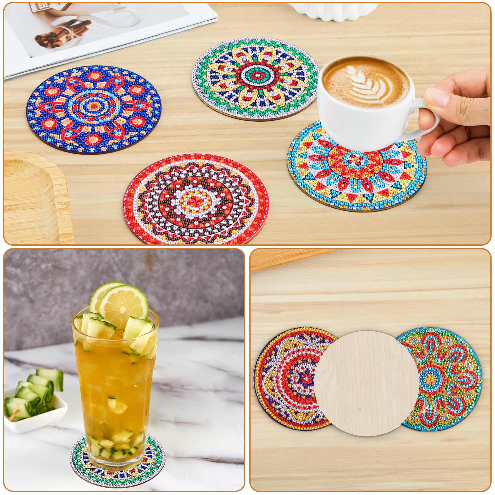 WuGU Sottobicchieri Diamante con Supporto, 10 Pezzi Sottobicchiere Dipinto a Diamante, Sottobicchieri Mandala Fai da te, Set di Sottobicchieri con Pittura a Diamante per Adulti & Bambini