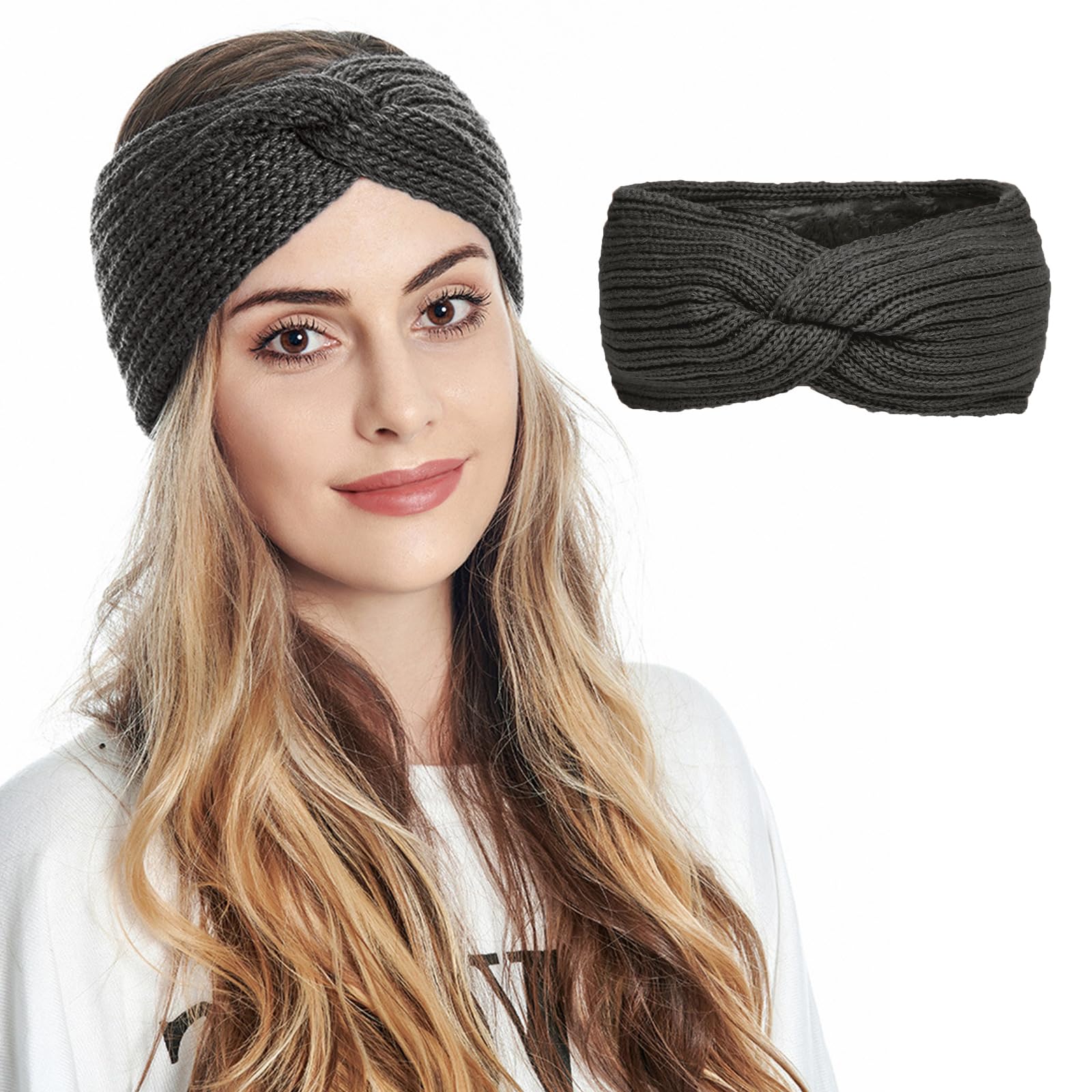 Women’s Fuzzy Lined Cable Knit Ear Warmer Winter Headband Black Acrylic Womens Soft Winter Head Warmer Cable Knit Turbine Twist Knot  main image 4