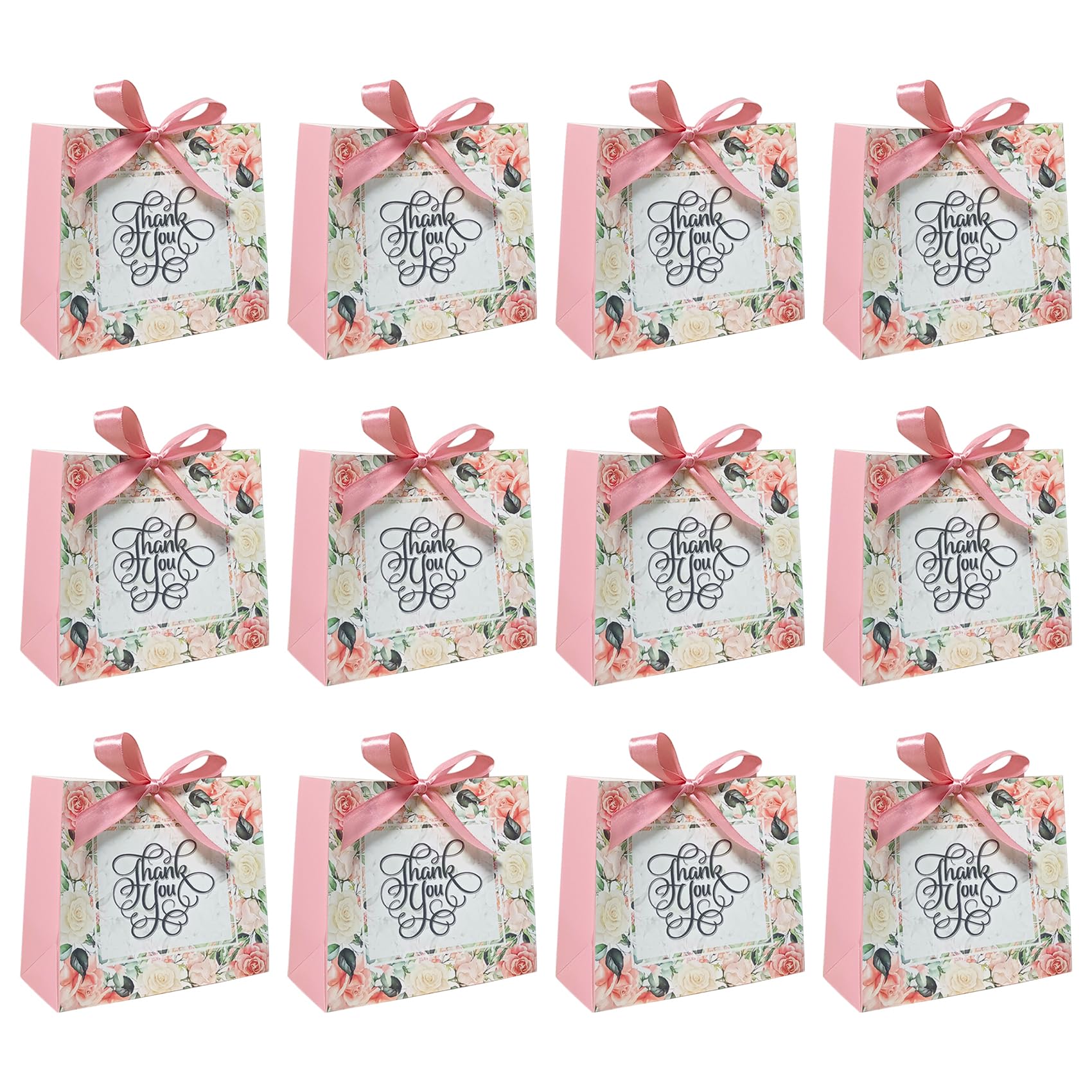 12 Pack Thank You Gift Bags Small Party Favour Bags with Ribbons 16ร 14ร 7cm(Pink)