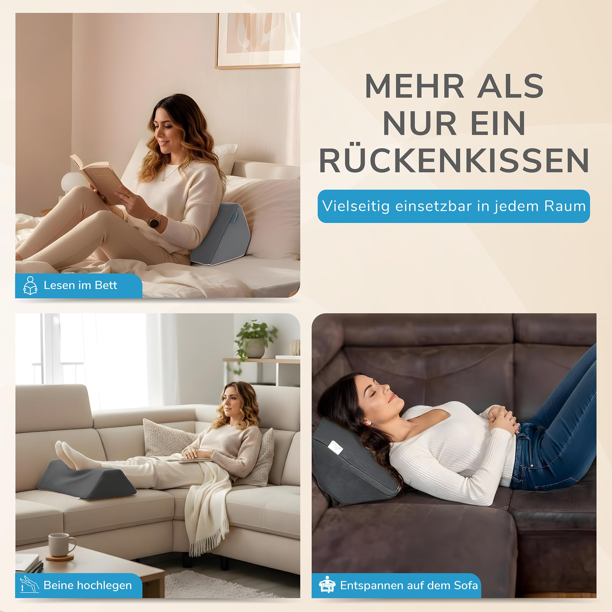 PEZE® Rückenkissen für Bett & Sofa (grau) Keilkissen & Lesekissen für Erwachsene - Kissen Knie, Beine, Rücken, Dekubitus - Bettsitzkissen zum Anlehnen & Hochlagern - orthopädisches Rückenstützkissen