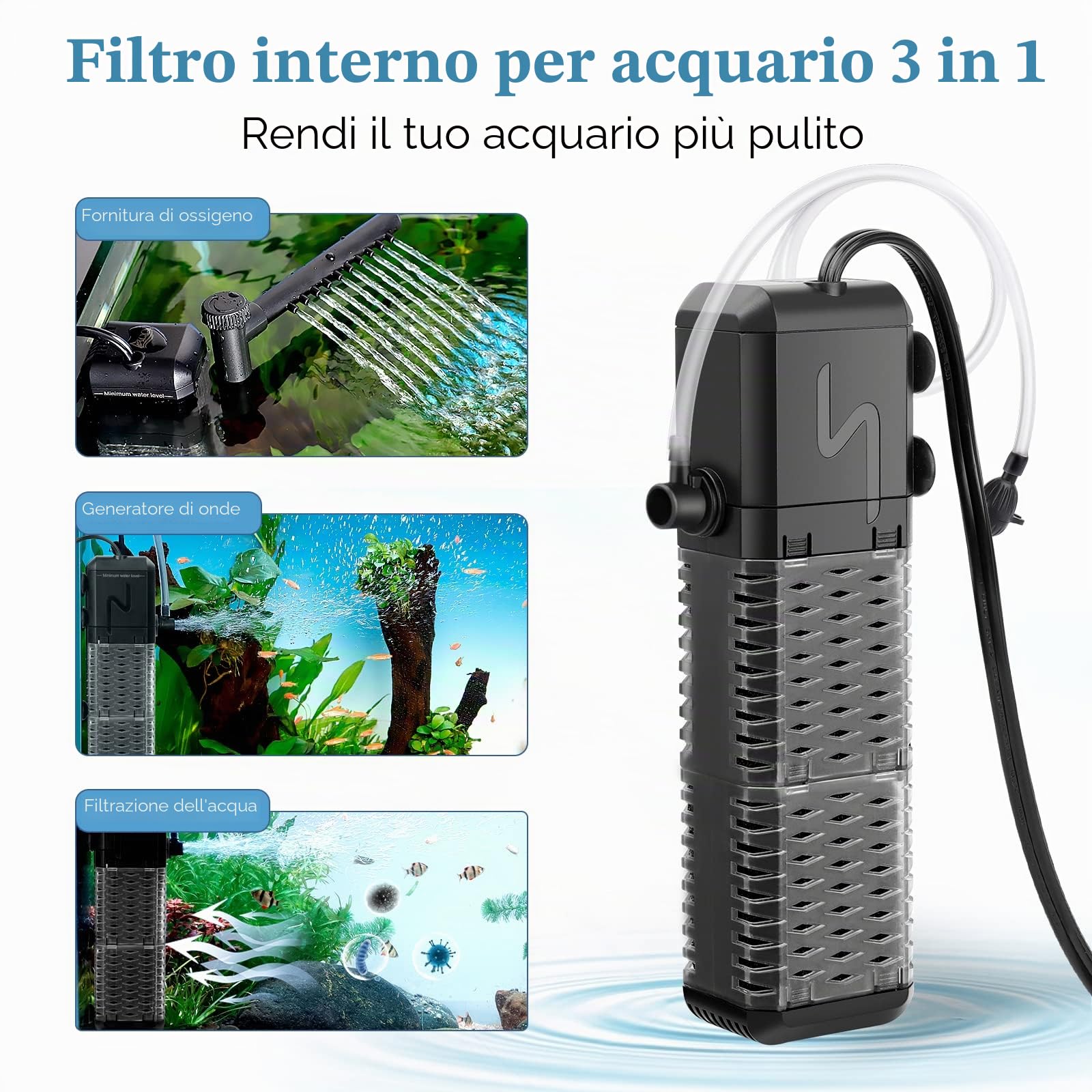 AQQA Filtro per Acquario, Regolabile Silenzioso 800L/H Filtro Interno per Acquario per Acquario 250L Pesci e Tartarughe (9W)