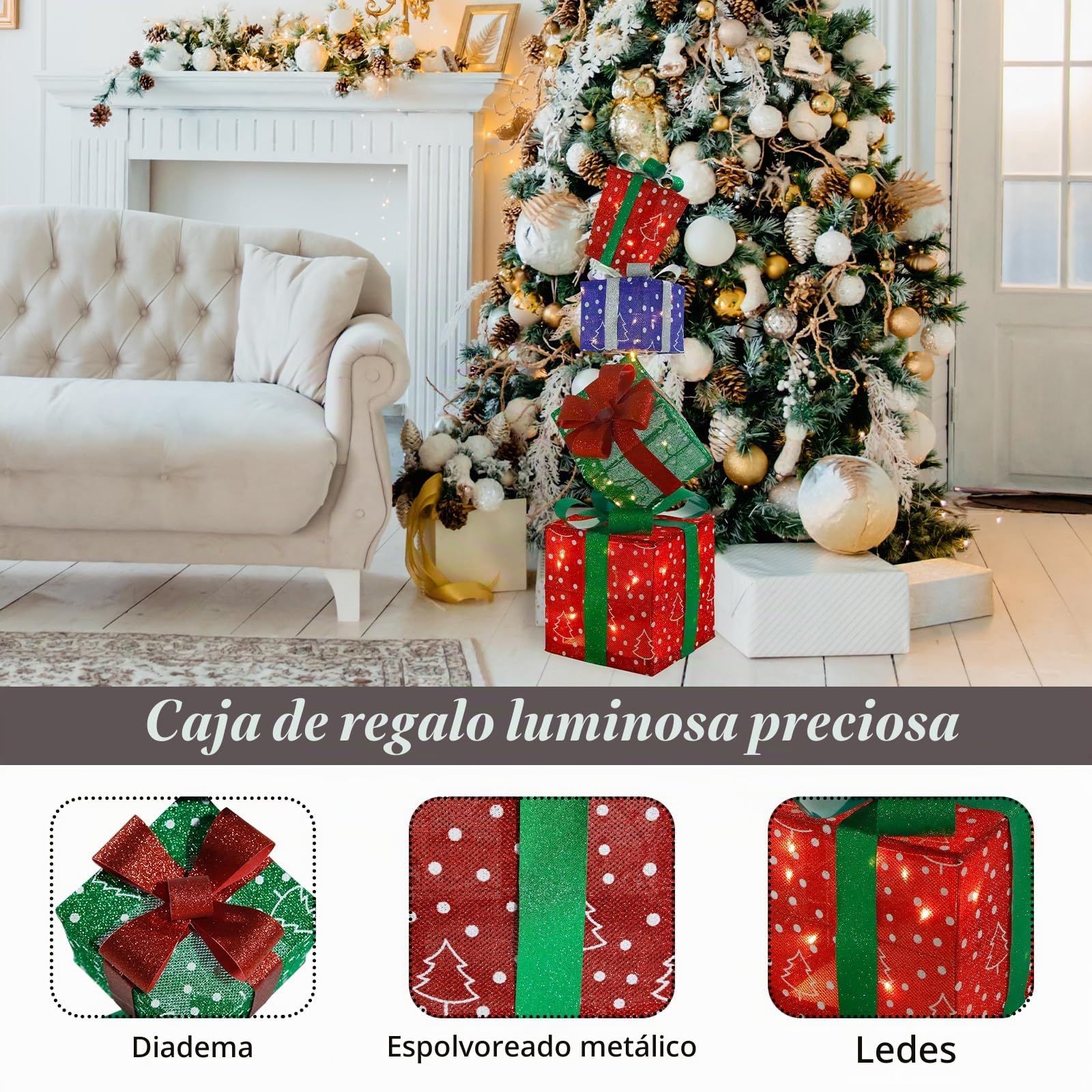 CCLIFE Juego de 4 Cajas de Regalo Con Luz LED Para Navidad - Decoración Iluminada Para Árbol y Hogar CushHom