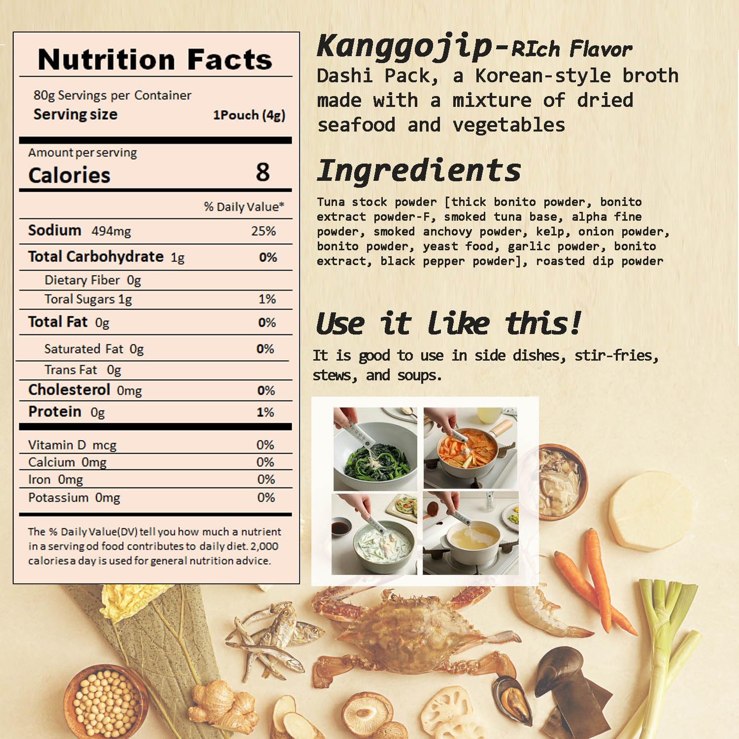 Kanggojip Korean Soup Broth Dried Seafood Mixed with Vegetable Pack, Katsuo powder, Smoked Flavor, Comfortable Easy for Cooking/Premium Ingredients 된장찌개, 잔치국수, 육수_Rich Flavor 2.82oz (4gx20ea)_1pack