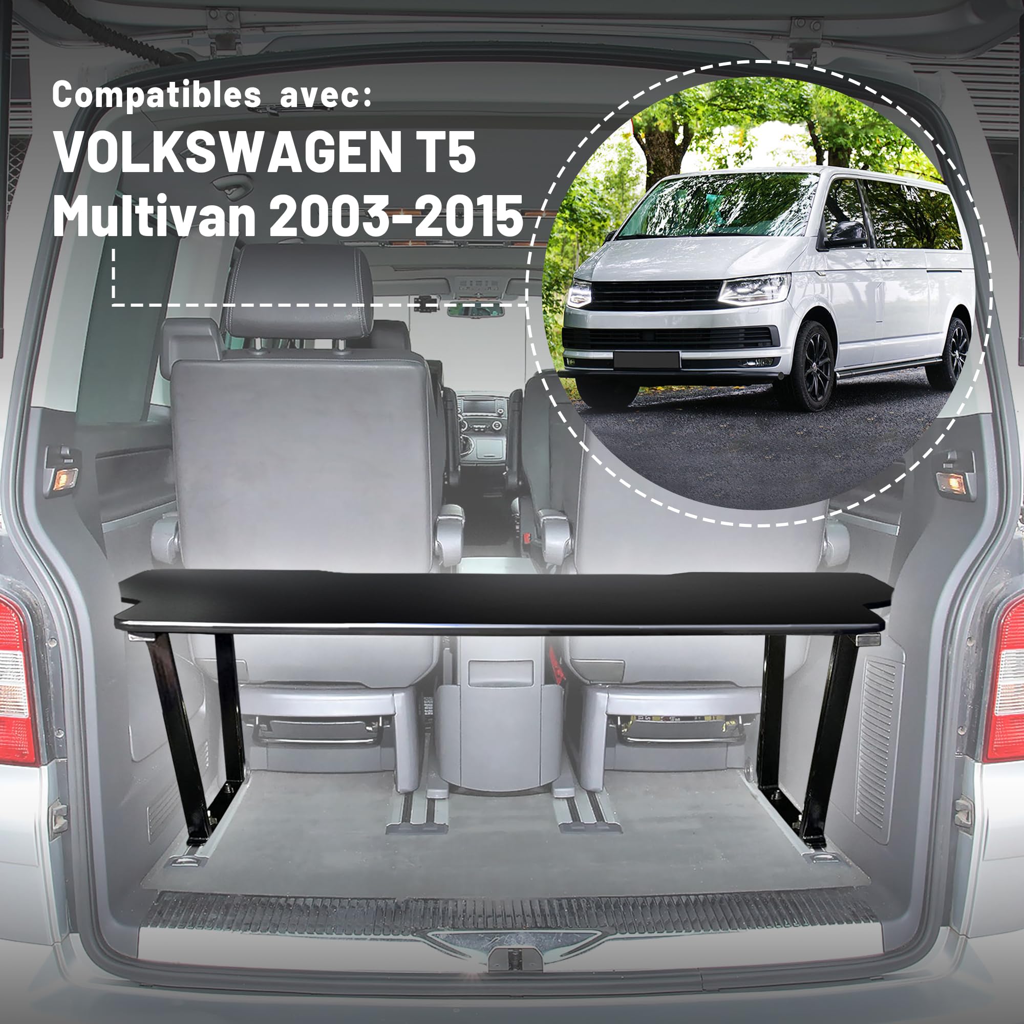 CHROMEMASTER | Compatible avec VW T5 2003-2015 Multivan | Lit Pliable pour Voiture, Extension de Lit Multiflexboard pour Camping-Car, Lit de Camping, Étagère, Table | Accessoires pour Le Camping-Car