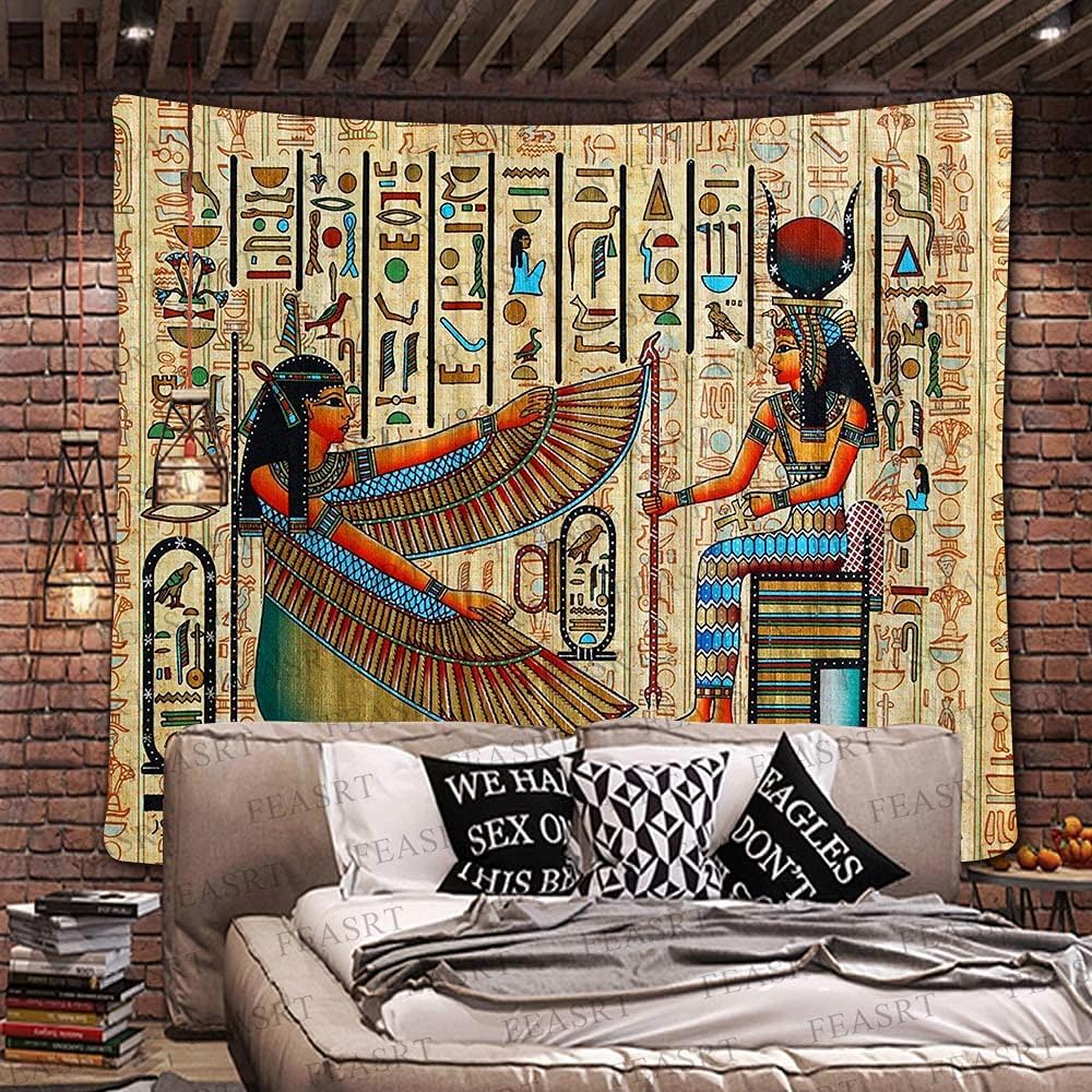 FEASRT Ancient Egypt Mythology Tapestry, Large 100x90 Inches Soft Flannelette, Egyptian Gods Hieroglyphic Carvings Tapestries Wall Hanging for Living Room Dorm GTQQAY1548