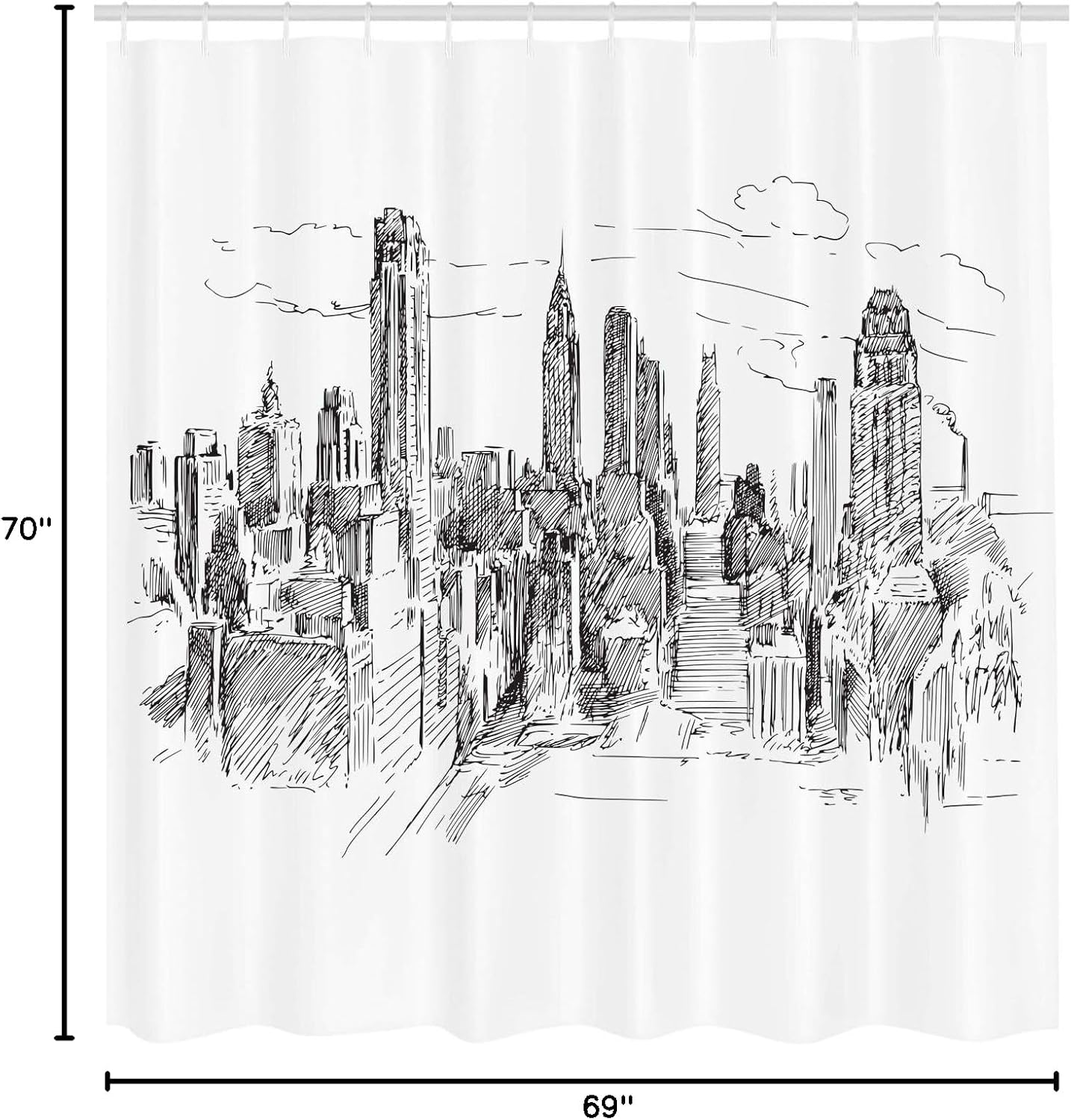 Ambesonne New York Shower Curtain, Hand Drawn NYC Cityscape Tourism Travel Industrial Center Town Modern City Design, Cloth Fabric Bathroom Decor Set with Hooks, 69" W x 70" L, White Grey