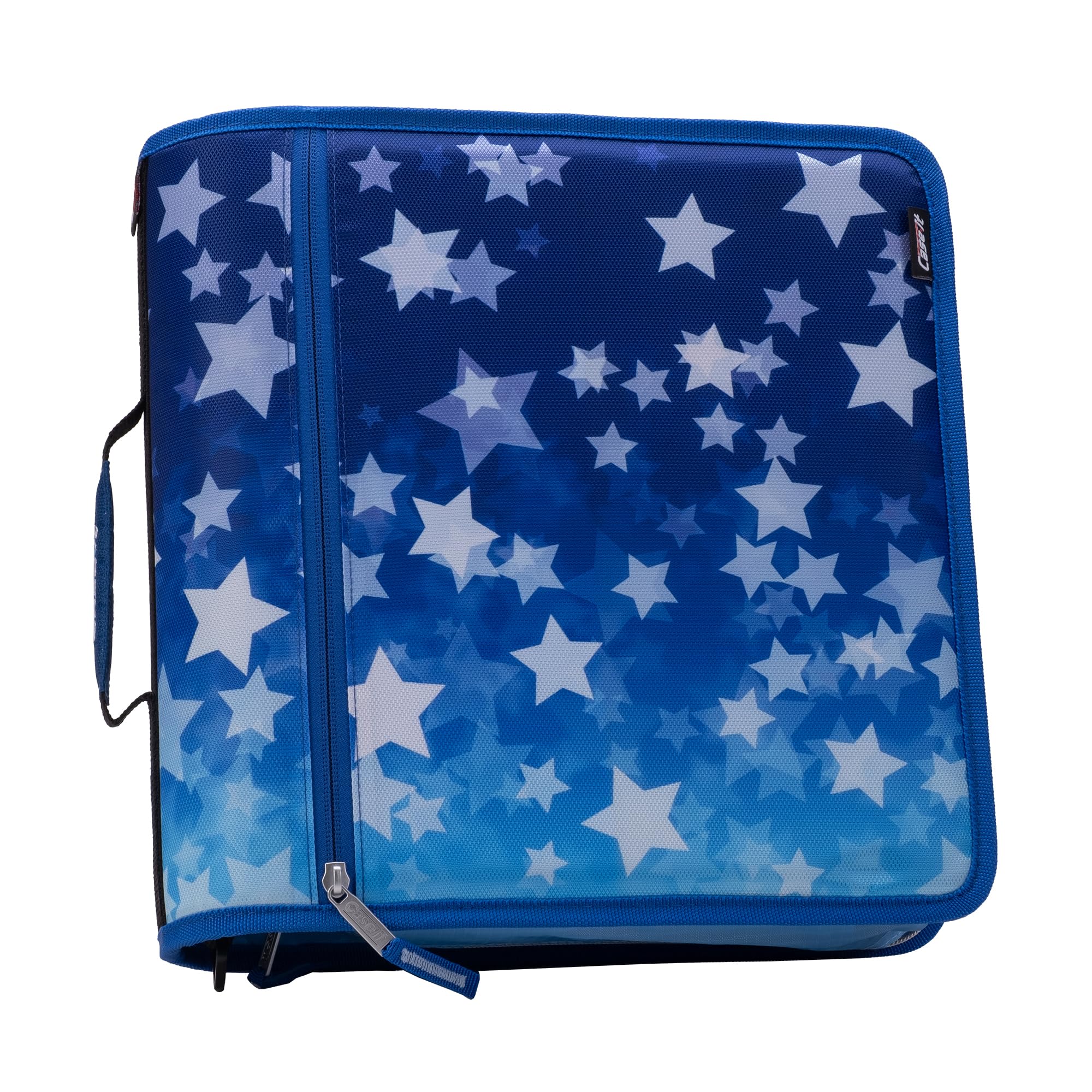 Case-it Mighty Zip Tab Zipper Binder, 3" O-Ring with 5-Color tabbes, Expanding File Folder and Shoulder Strap and Handle, D-146-Stars Blue
