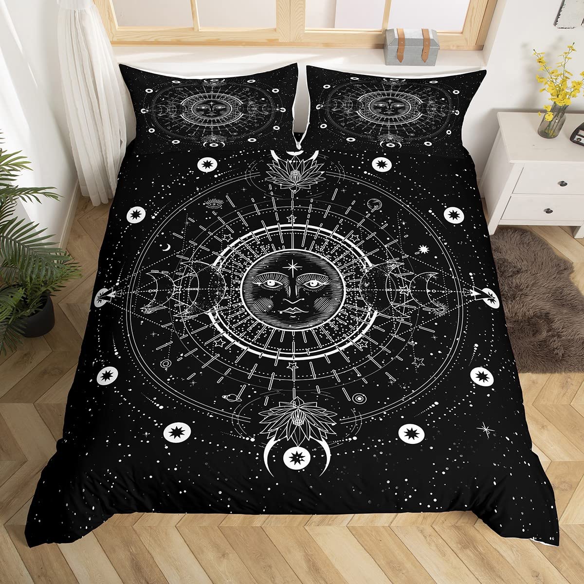 Parure de lit bohème soleil lune blanche et noire super king size avec 2 taies d'oreiller