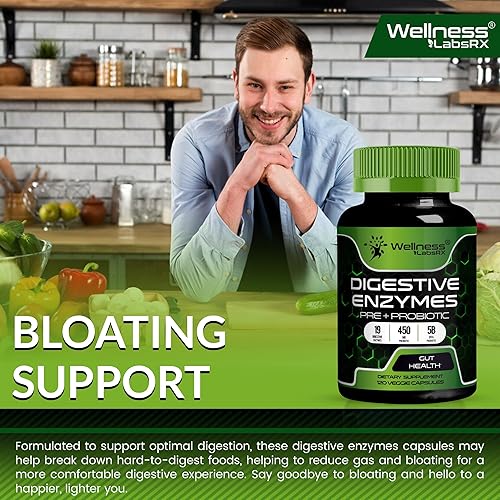 Miniatura 6 de Enzimas digestivas con probióticos y prebióticos, 450 mg, 5 mil millones de UFC - Cápsulas de súper digestión puras - Enzimas digestivas para