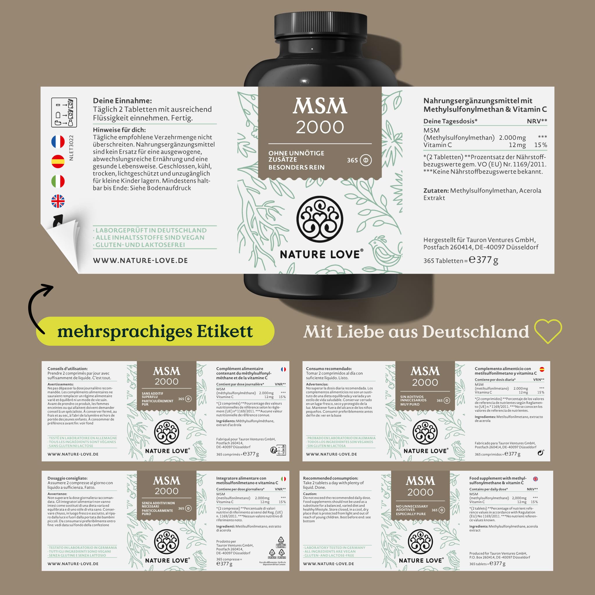 NATURE LOVE® MSM 2000mg mit Vitamin C - 365 laborgeprüfte Tabletten - Kompakteres MSM Pulver als bei Kapseln - Ohne Zusätze, hochdosiert, vegan, in Deutschland produziert
