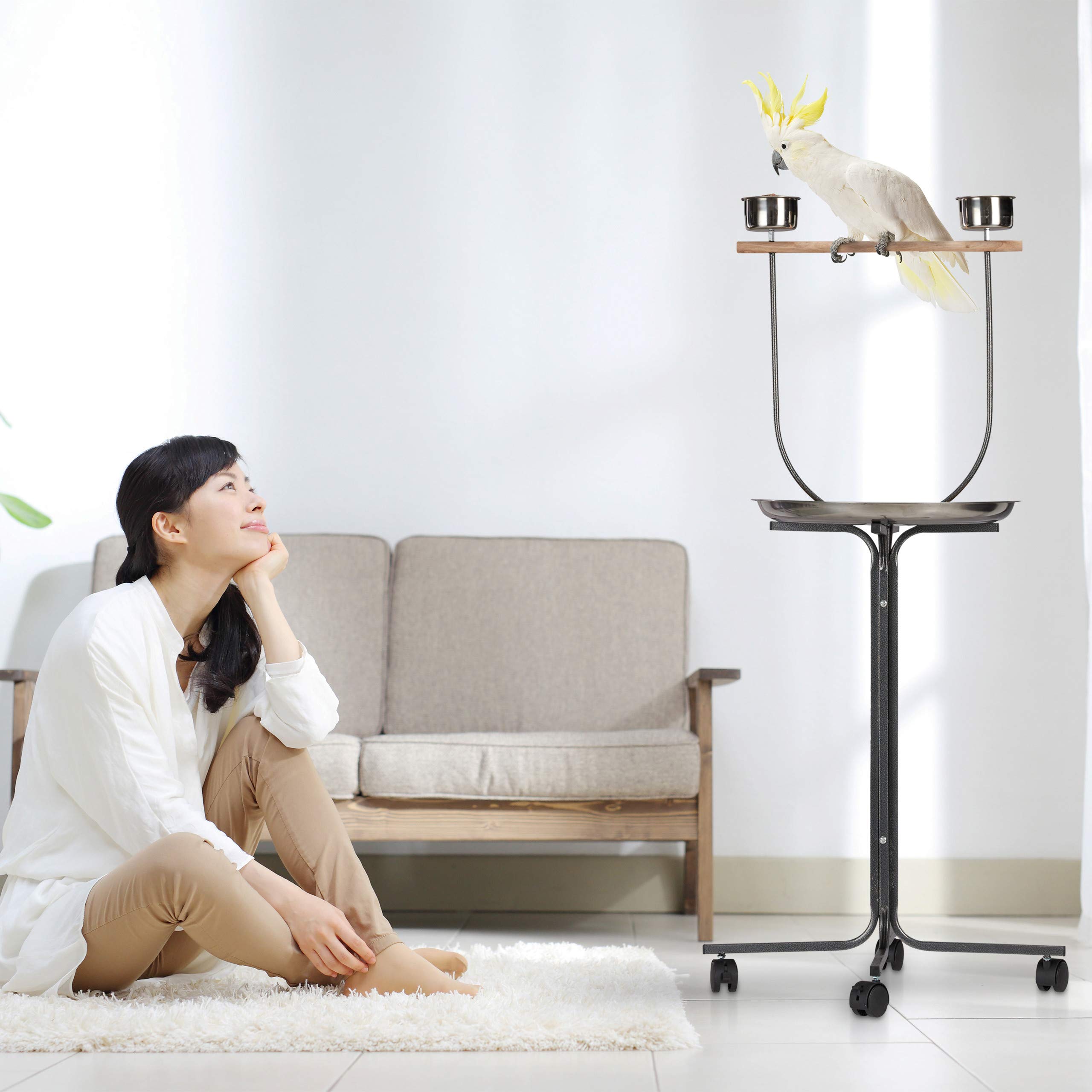 Relaxdays Percha XL para Loros, Barra de Madera, Dos comederos, Portátil, 130 x 60 x 60 cm, Plateado