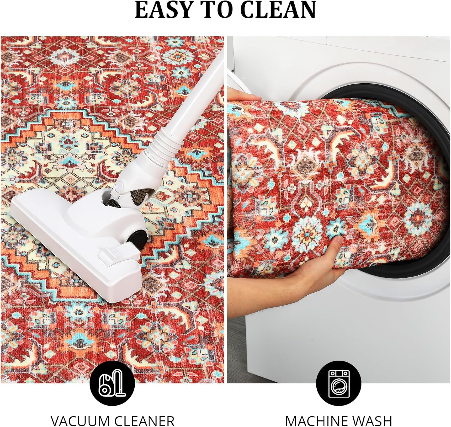 GarveeHome Vintage Area Rug 4x6 - Stain Resistant,Machine Washable,Non-Slip Carpet,Indoor Foldable Thin Rug,Retro Distressed Floral Print,Low-Pile for Kitchen,Living Room,Bedroom,Dining Room.Red Hue