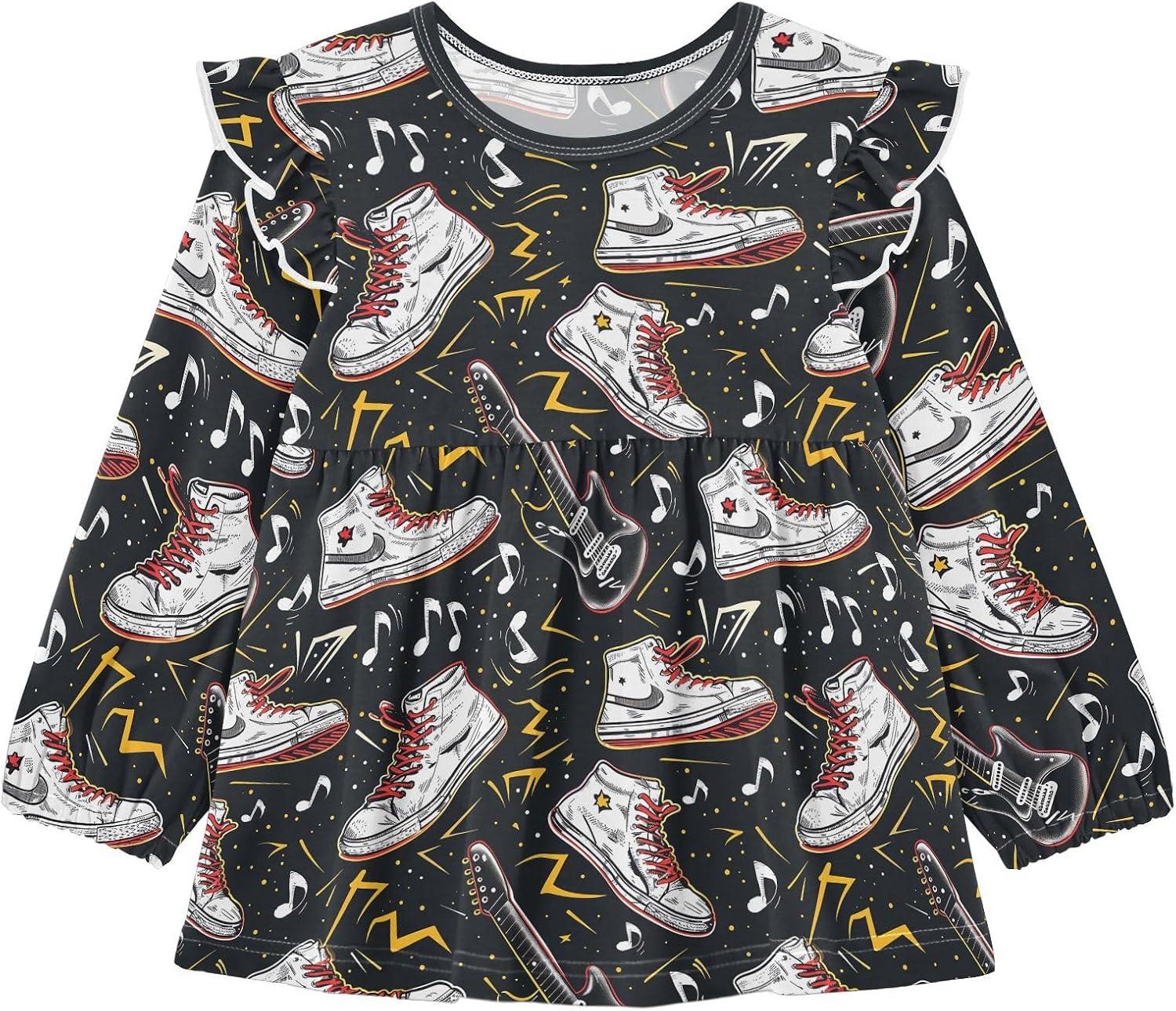 visesunny Toddler Clothes for Girls Rock Shoes Guitar Long Sleeve Fall Shirts Cotton Top with Ruffle Collar