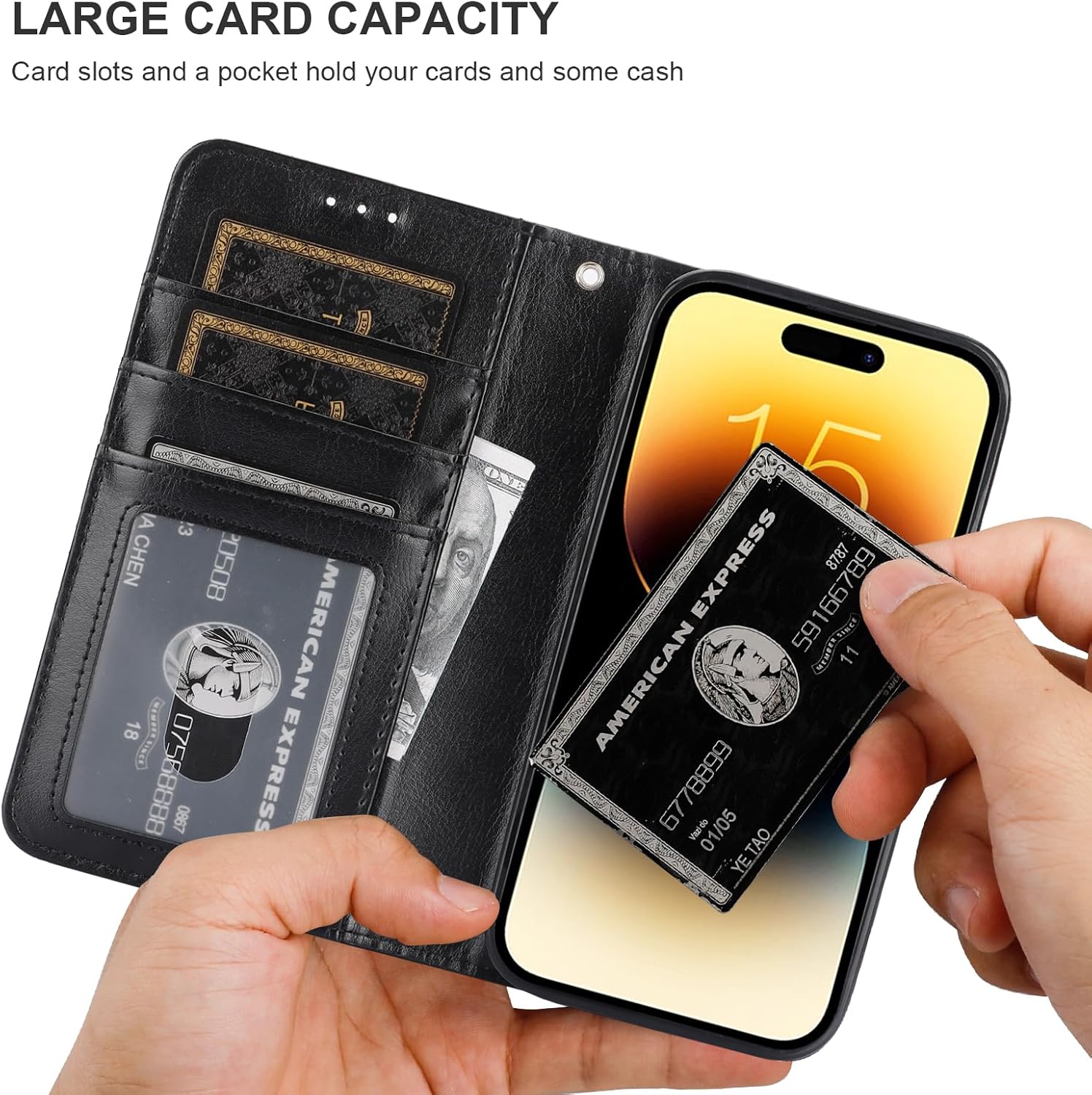 Bocasal for iPhone 15 Pro Wallet Case Compatible with MagSafe Wireless Charging, RFID Blocking Magnetic Leather Case with Card Slots Holder Kickstand Detachable Wrist Strap 6.1 Inch (Black)