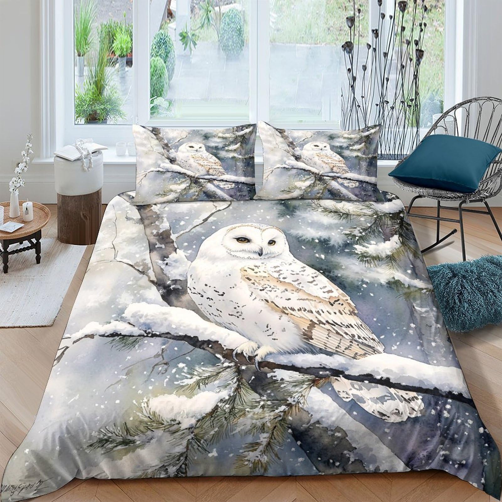 Ctjqhvkz Style-9 3D Printed Snowy Owl Fitted Sheet Microfiber Soft Grey Tree Branch Mattress Cover Bedroom Dorm Protector Decor Single（135X200cm）